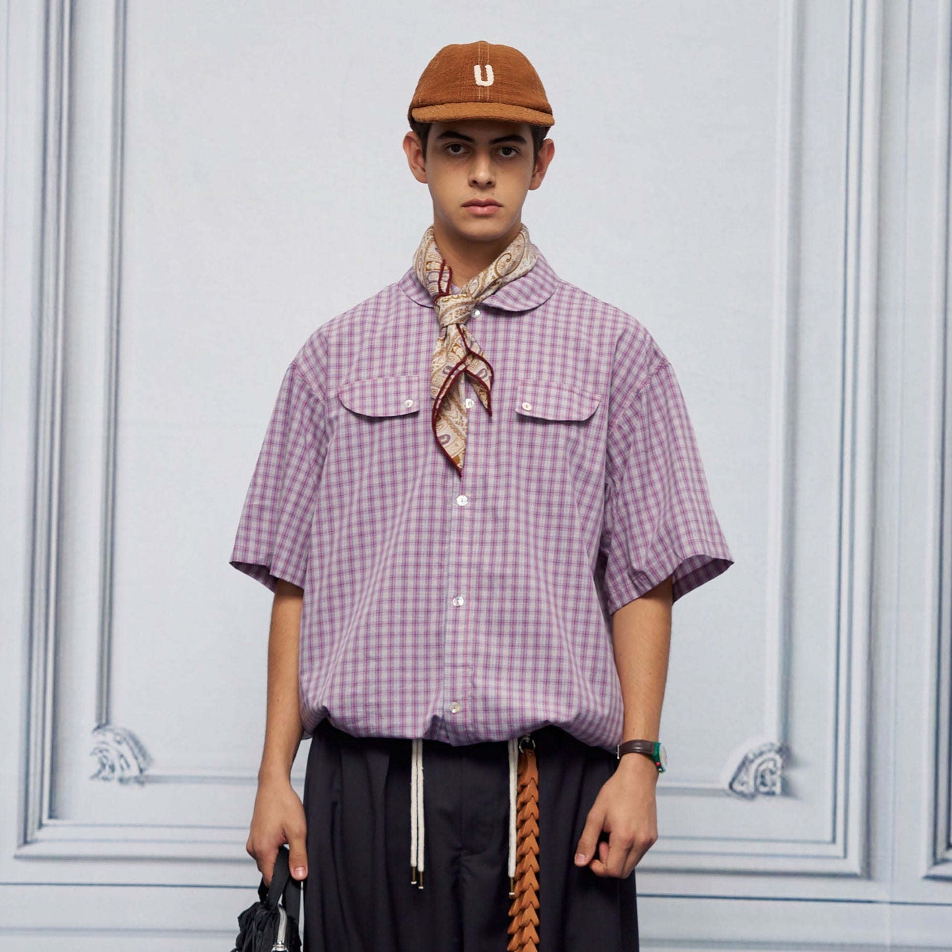 UNLIMITED MOTE Drawstring Hem Plaid Peter Pan Collar Half Shirt-Half shirt-XS-Purple-Free Shipping Leatheretro