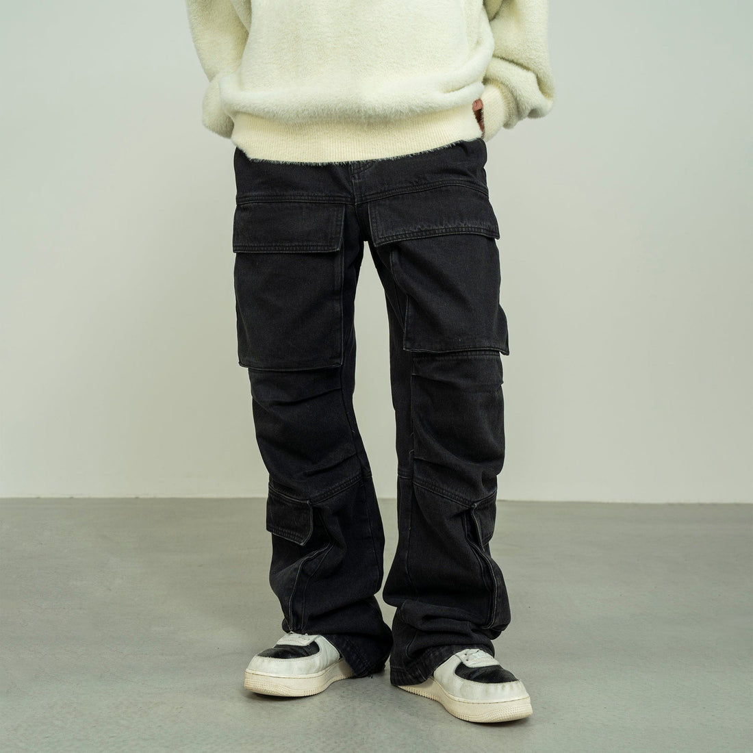 MAKEMORE Washed Denim Cargo-Jeans-M-Black-Free Shipping Leatheretro