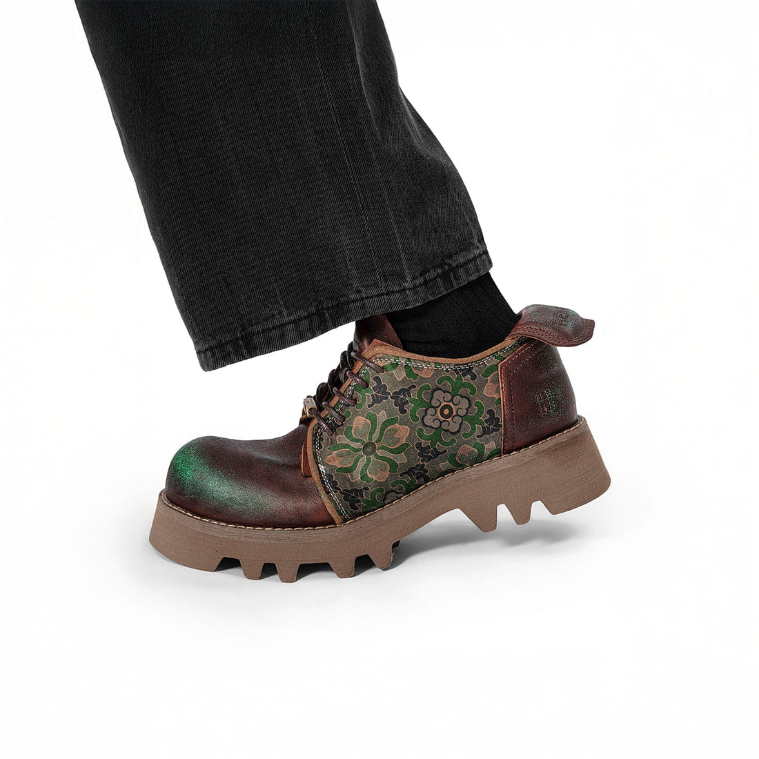 REWRITE Jacquard Floral Patina Leather Derby Shoes-Shoes-38.5-Free Shipping Leatheretro