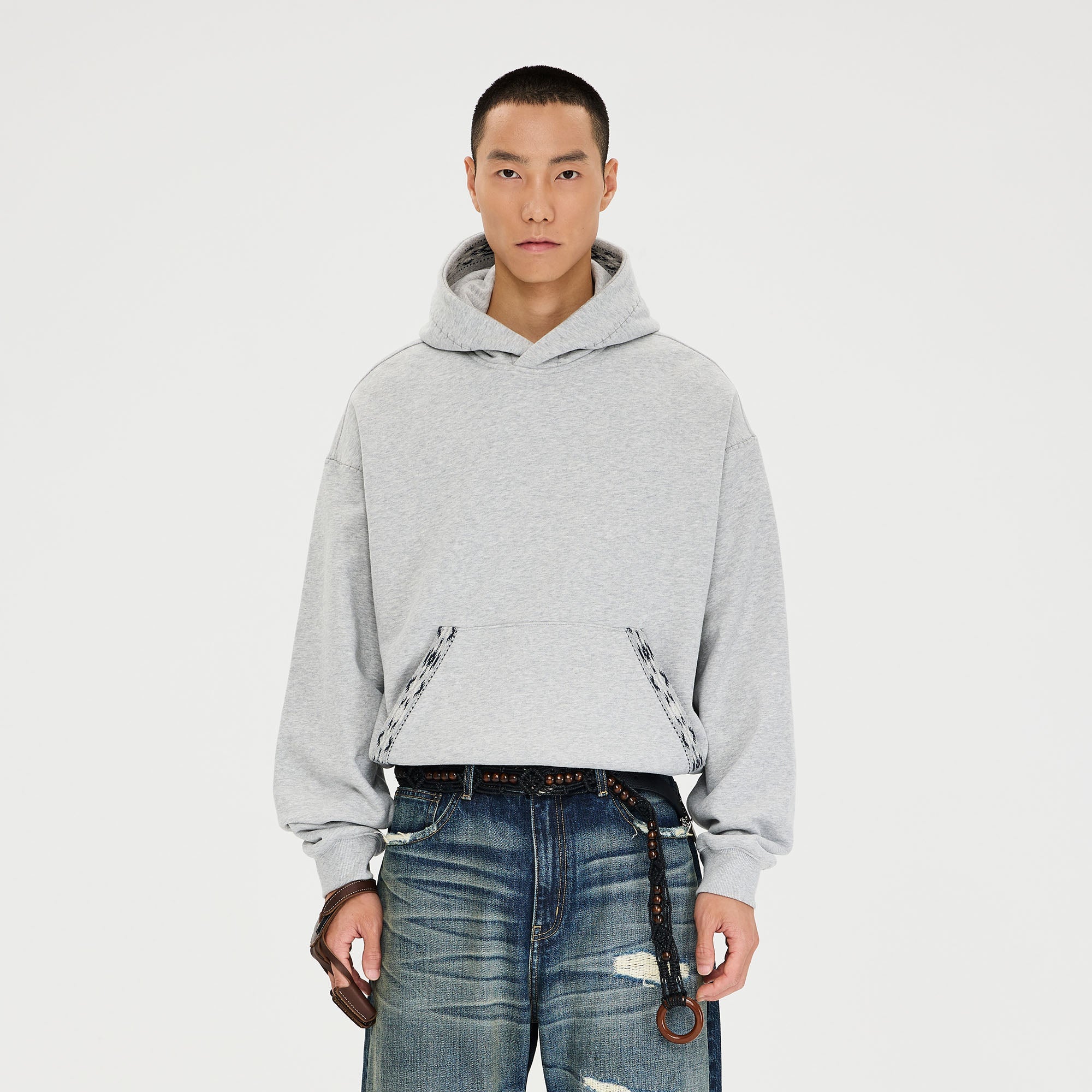 CATSSTAC Totem-Trimmed Kangaroo Pocket Hoodie-Hoodie-S-Gray-Free Shipping Leatheretro