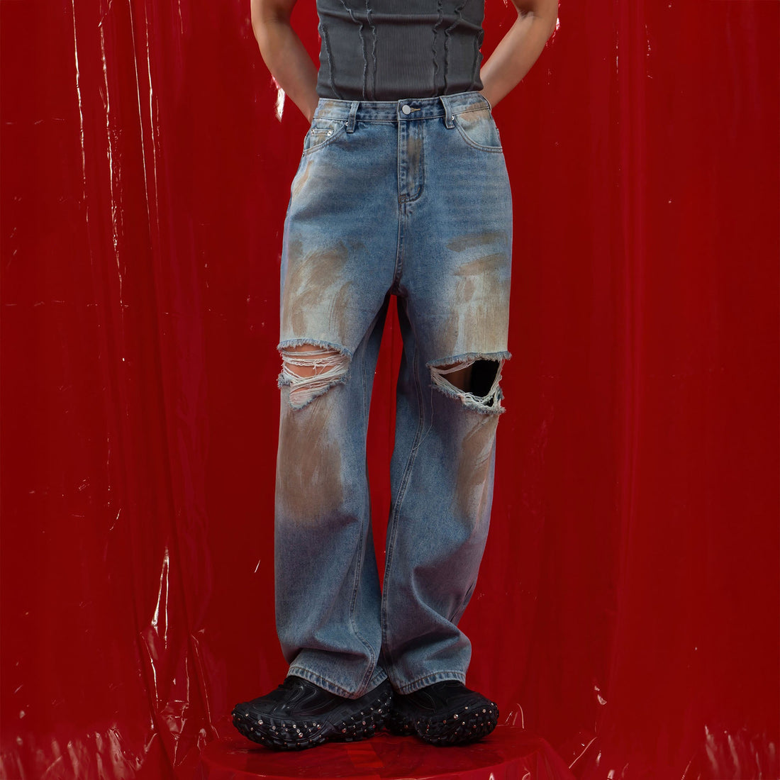 CLP Distressed Ripped Brushed Jeans-Jeans-M-Free Shipping Leatheretro