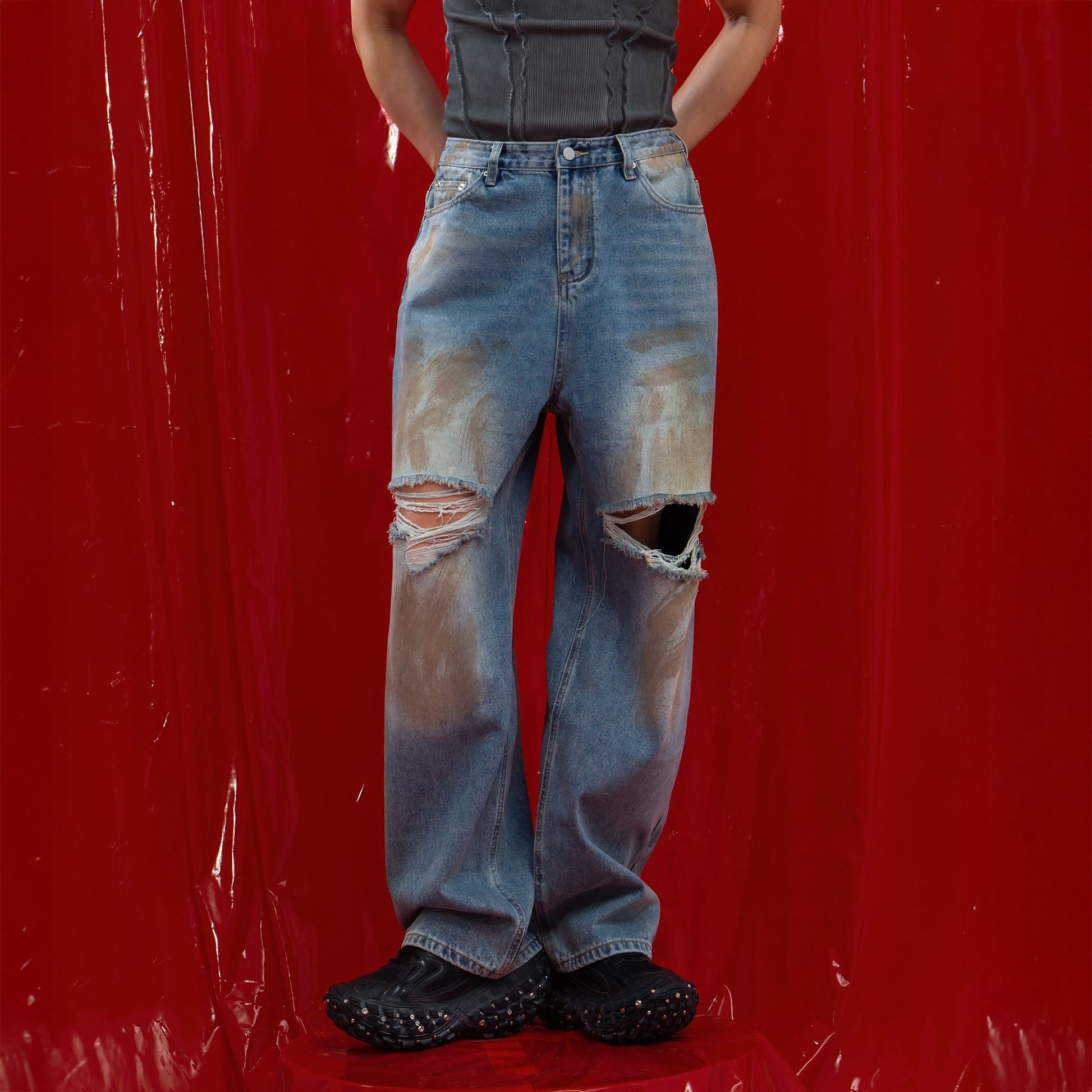 CLP Distressed Ripped Brushed Jeans-Jeans-M-Free Shipping Leatheretro
