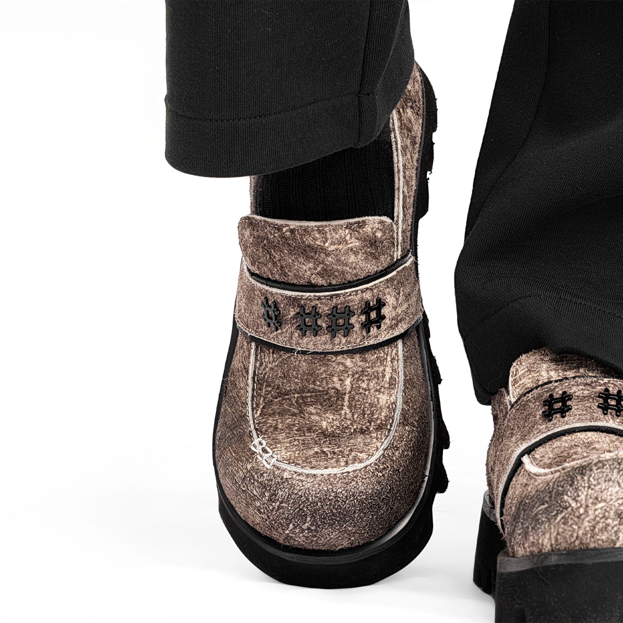 REWRITE Distressed Cowhide Chunky Sole Loafers-Shoes-38.5-Free Shipping Leatheretro