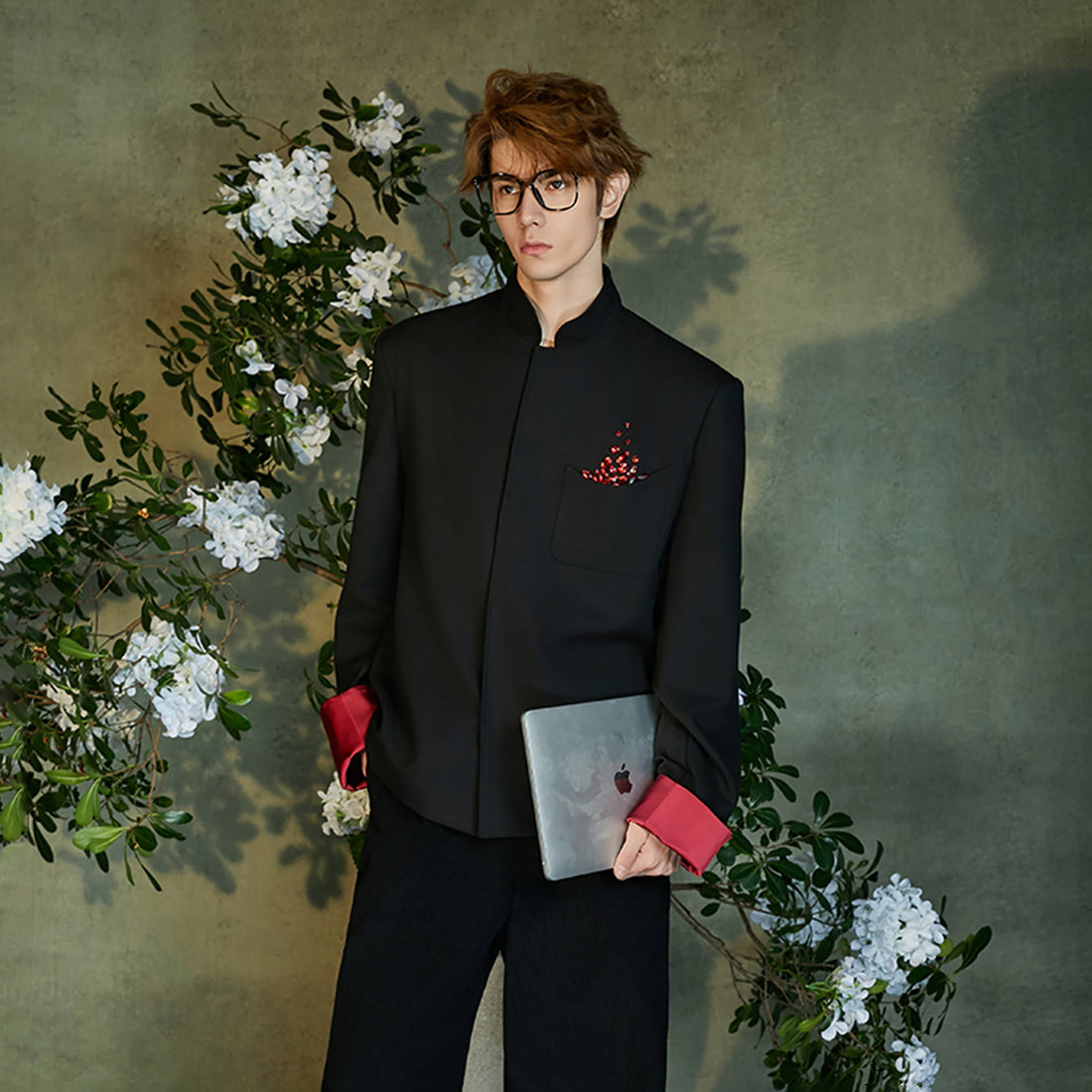 JIECHI Diamond Embellished Contrast Cuffs Mandarin Blazer-Jacket-M (Preorder)-Free Shipping Leatheretro