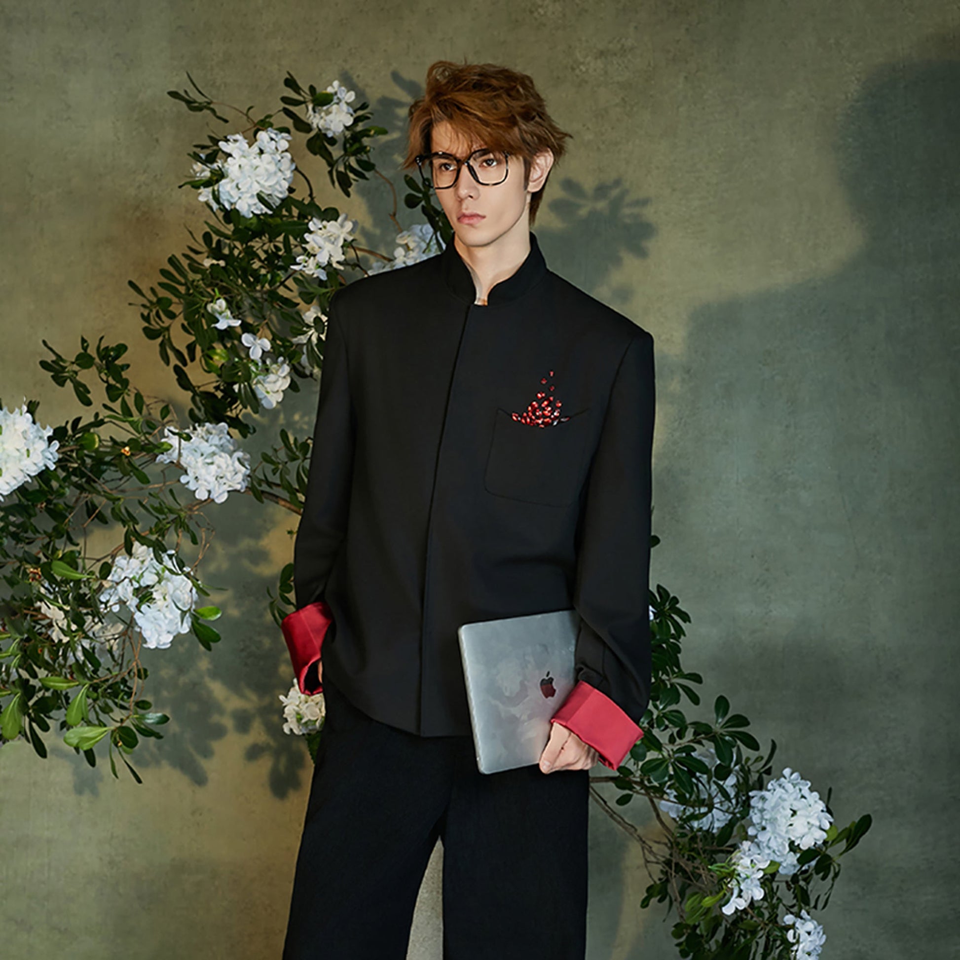 JIECHI Diamond Embellished Contrast Cuffs Mandarin Blazer-Jacket-M (Preorder)-Free Shipping Leatheretro