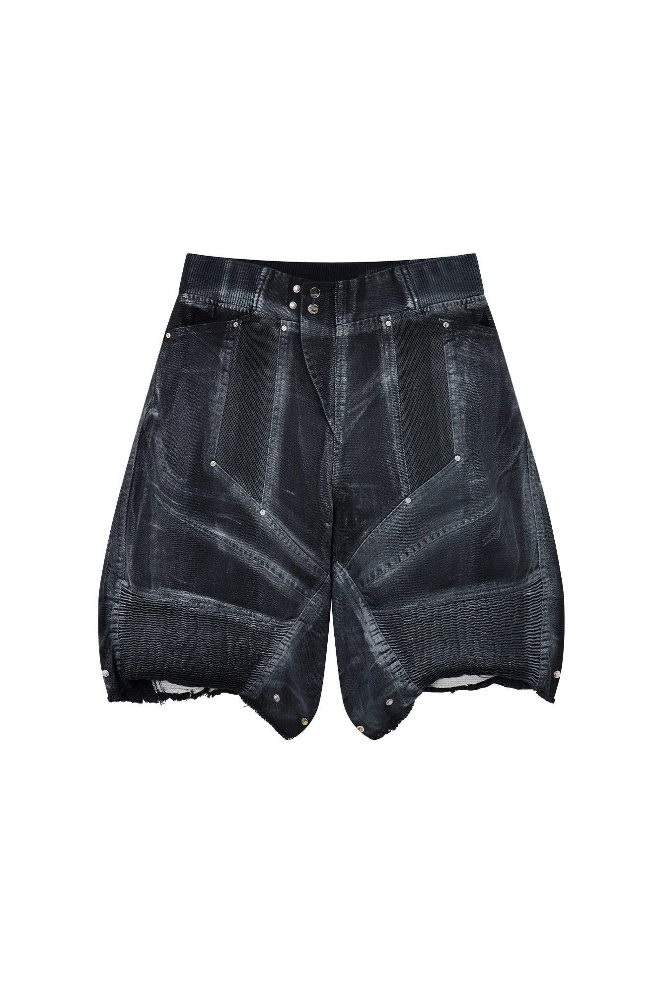 CLP Ribbed Paneled Wide-Leg Denim Shorts-Shorts-M / 27"-Black-Free Shipping Leatheretro
