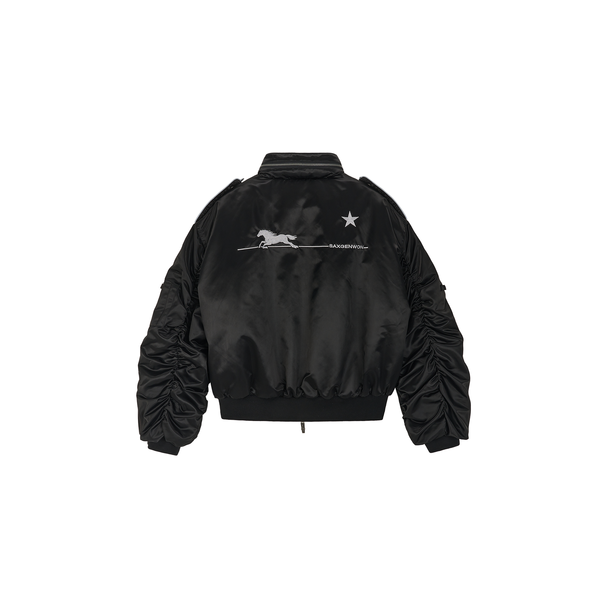 SAVAGEGROWTHWORLD Embroidered Ruched-Sleeve Reflective-Stripe Bomber-Jacket-S-Free Shipping Leatheretro