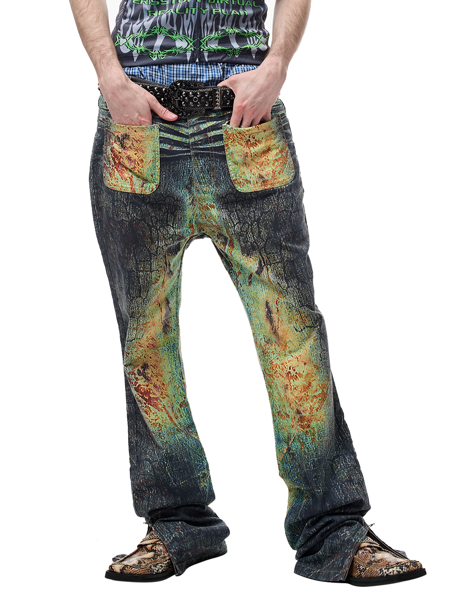 CYCYCY Iridescent Croc Full-Print Slim Flared Jeans-Jeans-XXS / 27"-Free Shipping Leatheretro