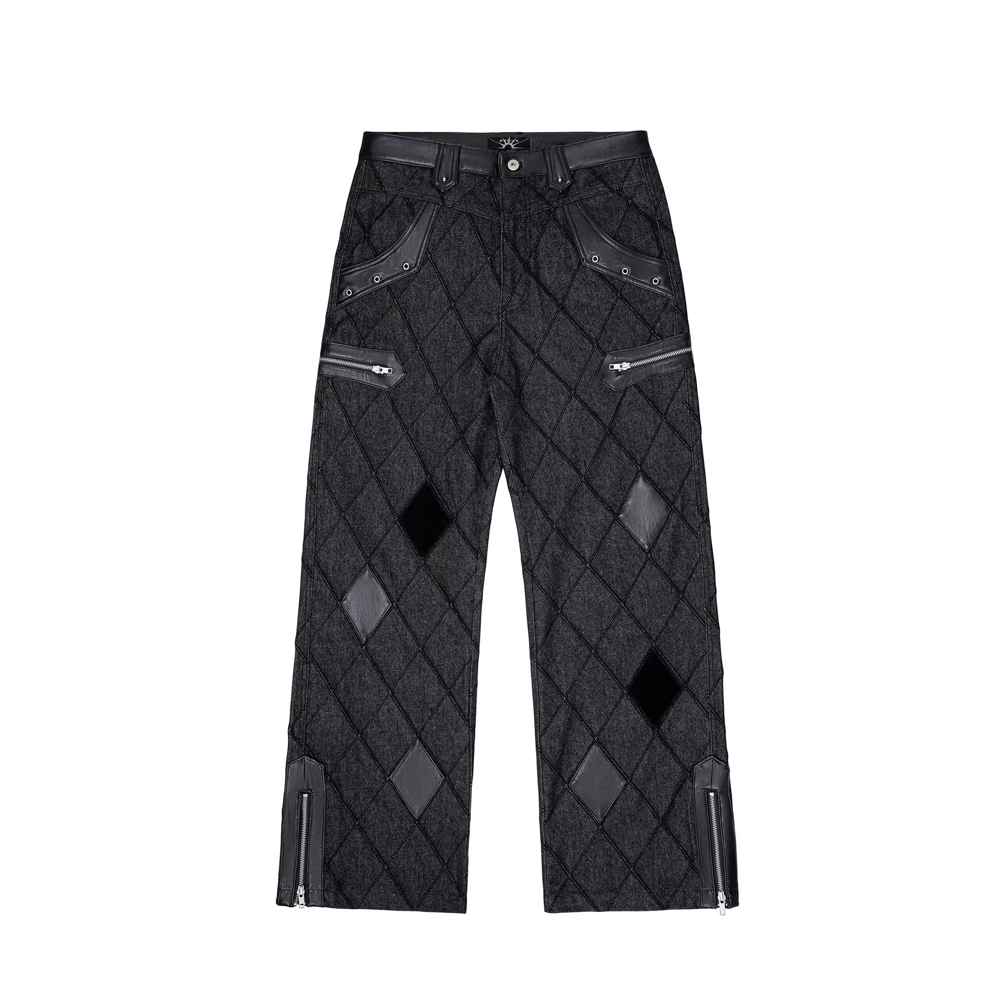 ESAIAS Diamond Faux Leather Patch Rivet Jeans-Jeans-S / 29" (Preorder)-Free Shipping Leatheretro