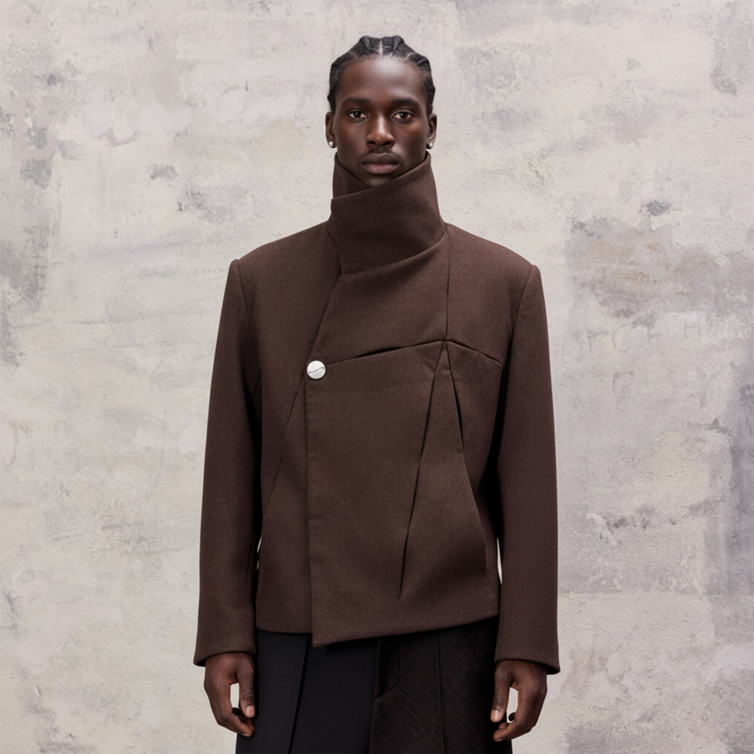 ALVNG AR ANTS Asymmetrical Wool-Blend High-Neck Jacket-Jacket-S (Preorder)-Free Shipping Leatheretro