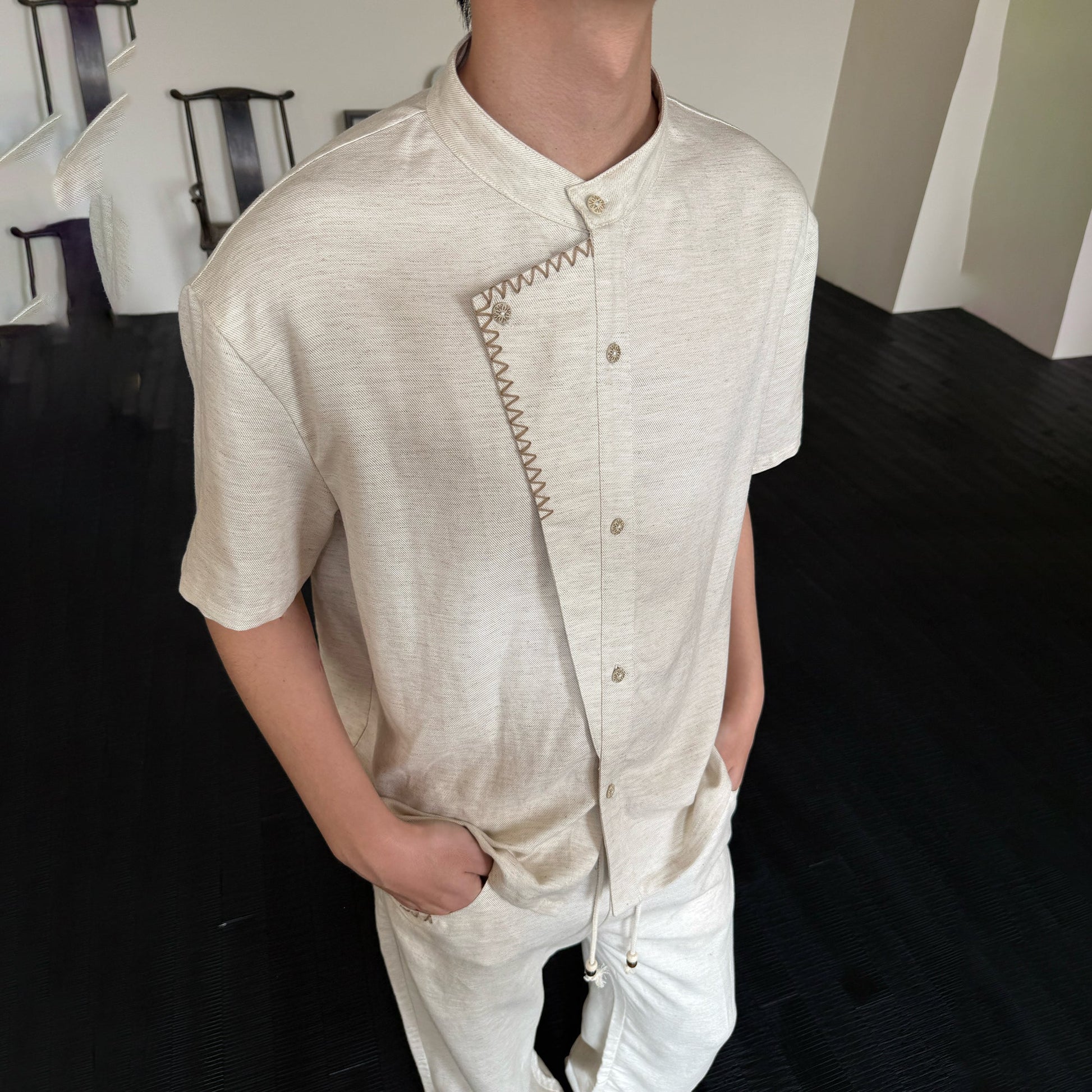 KREATE Stitched Faux-Placket Short Sleeve Shirt-Shirt-S-Black-Free Shipping Leatheretro
