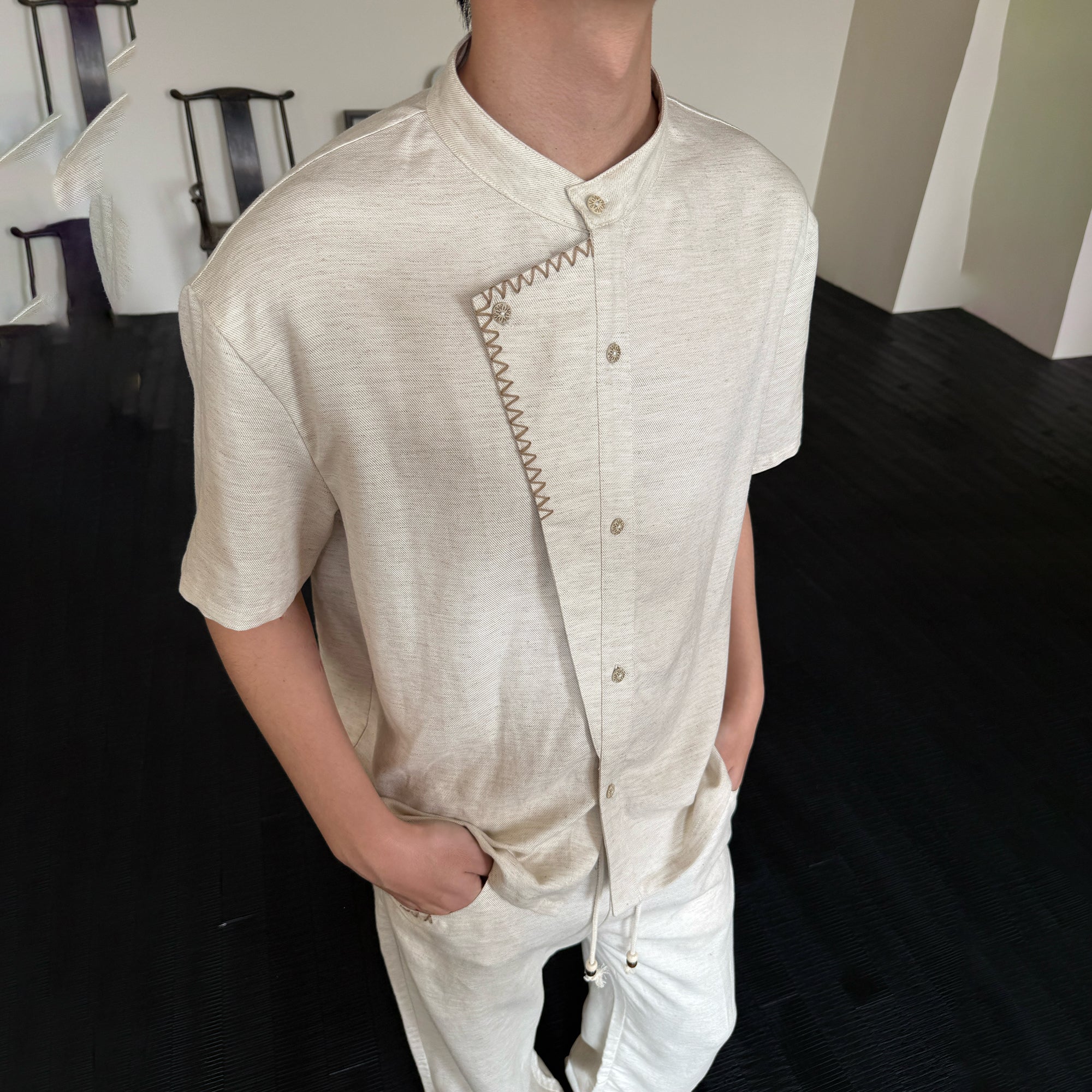 KREATE Stitched Faux-Placket Short Sleeve Shirt-Shirt-S-Black-Free Shipping Leatheretro