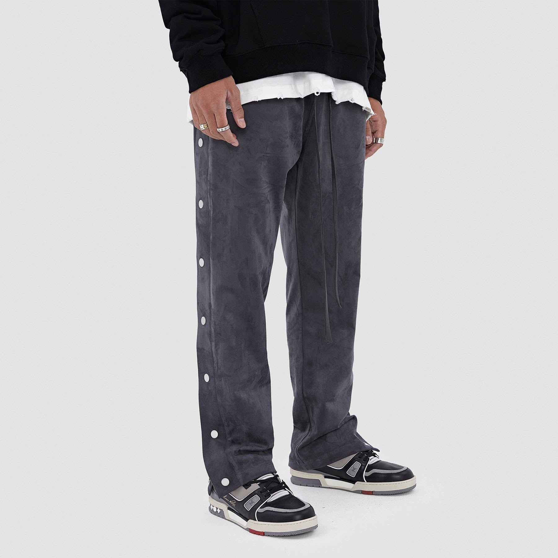 BONELESS Suede Textured Buttoned Pants-Pants-S-Dark Grey-Free Shipping Leatheretro