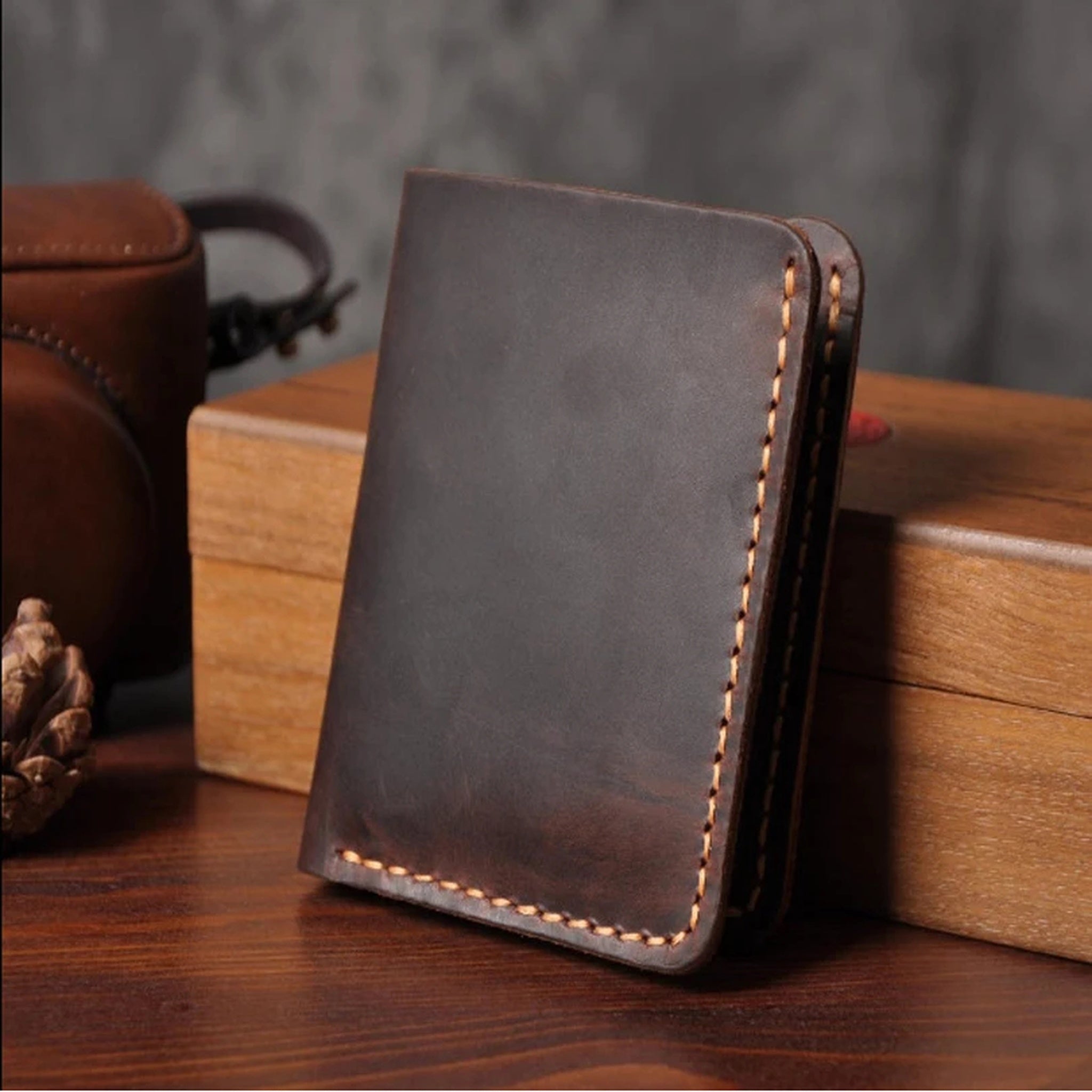 Vintage Crazy Horse Leather Short Wallet - Handmade Money Clip Purse-Wallets & Money Clips-Horizontal Brown-Free Shipping Leatheretro
