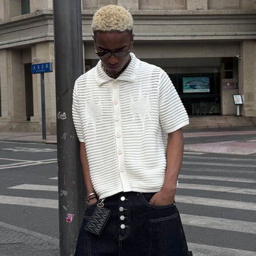 STEEPC Hollow-Out Knit Polo Half Shirt-Half shirt-S-Free Shipping Leatheretro