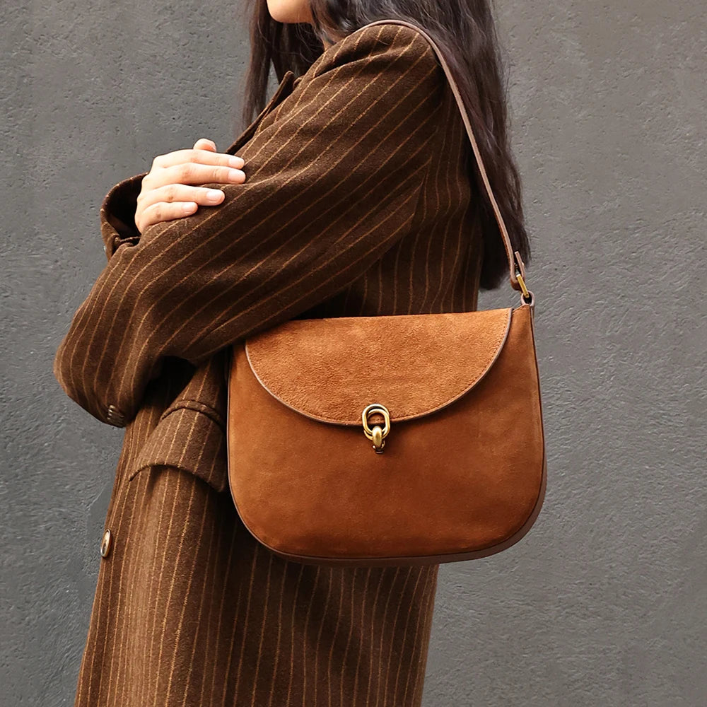 Luxury Women’s Leather Suede Shoulder Saddle Crossbody Bag-Handbags-Brown-Free Shipping Leatheretro