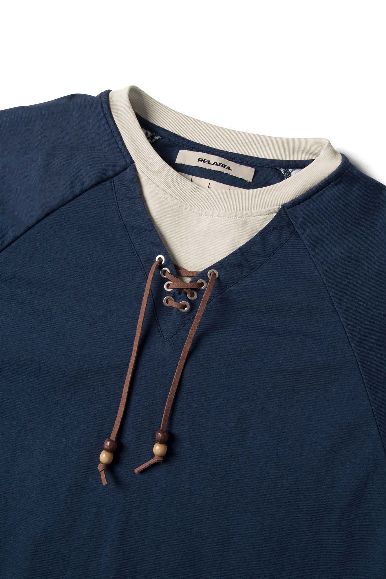 RELABEL Layered Stripe-Sleeve Lace-Up Sweatshirt Blue-Sweatshirt-XS-Free Shipping Leatheretro