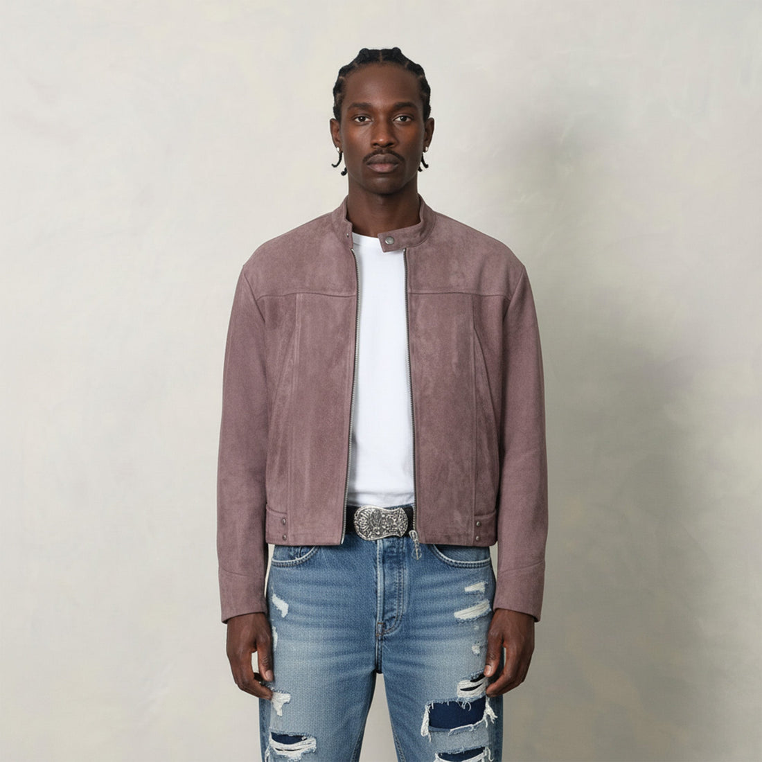 IN EXISTENCE Paneled Faux Suede Rivet Biker Jacket-Jacket-S-Coffee-Free Shipping Leatheretro