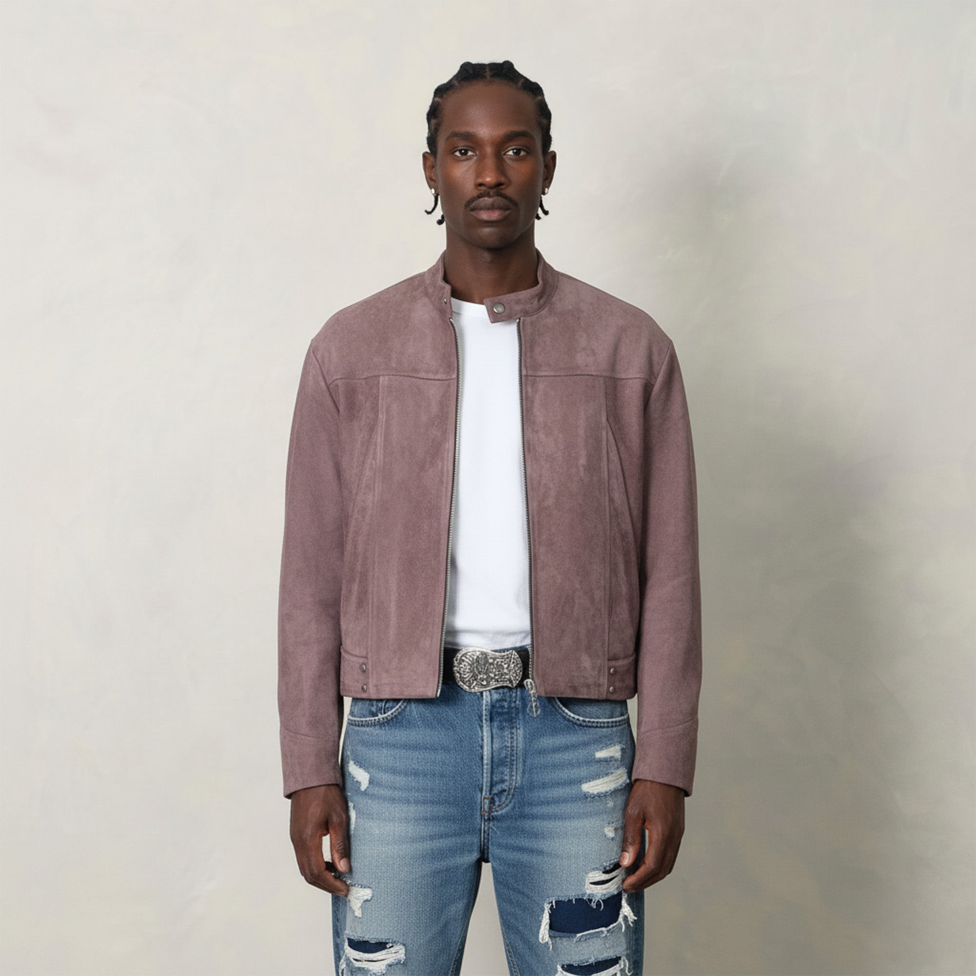 IN EXISTENCE Paneled Faux Suede Rivet Biker Jacket-Jacket-S-Coffee-Free Shipping Leatheretro