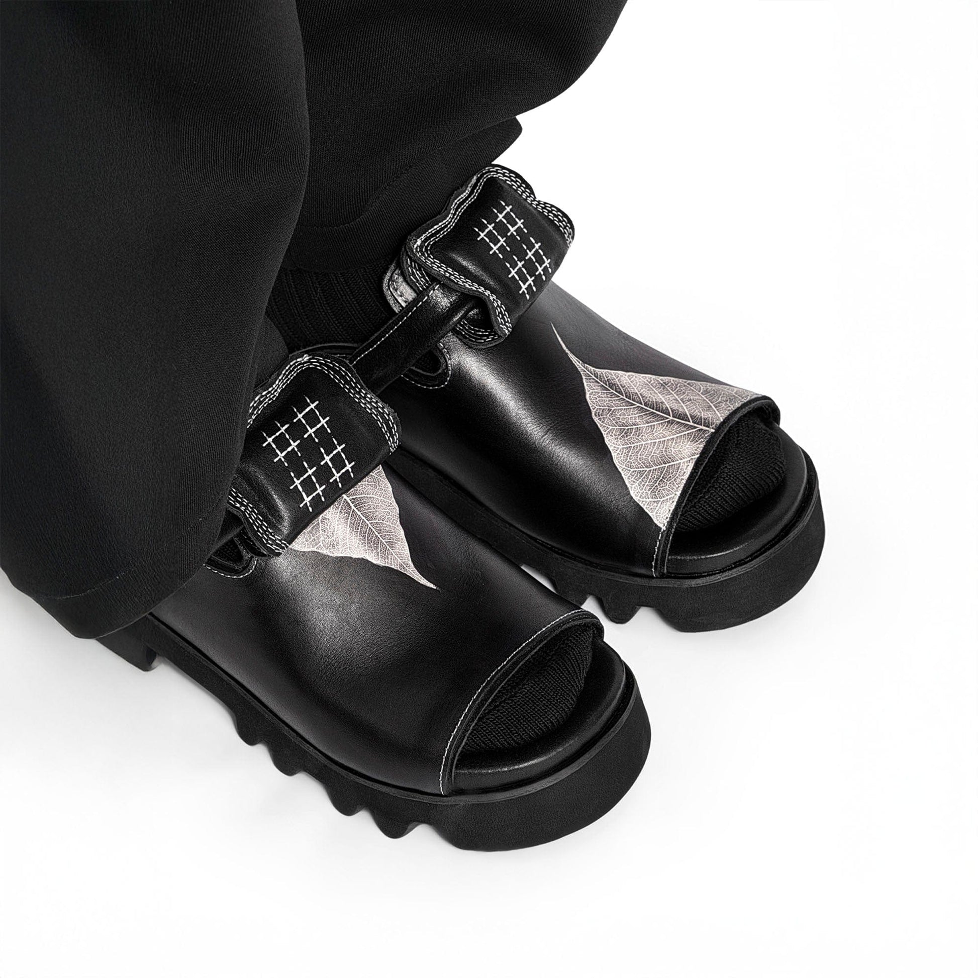 REWRITE Leaf Cowhide Sandals Black-Shoes-38.5-Free Shipping Leatheretro