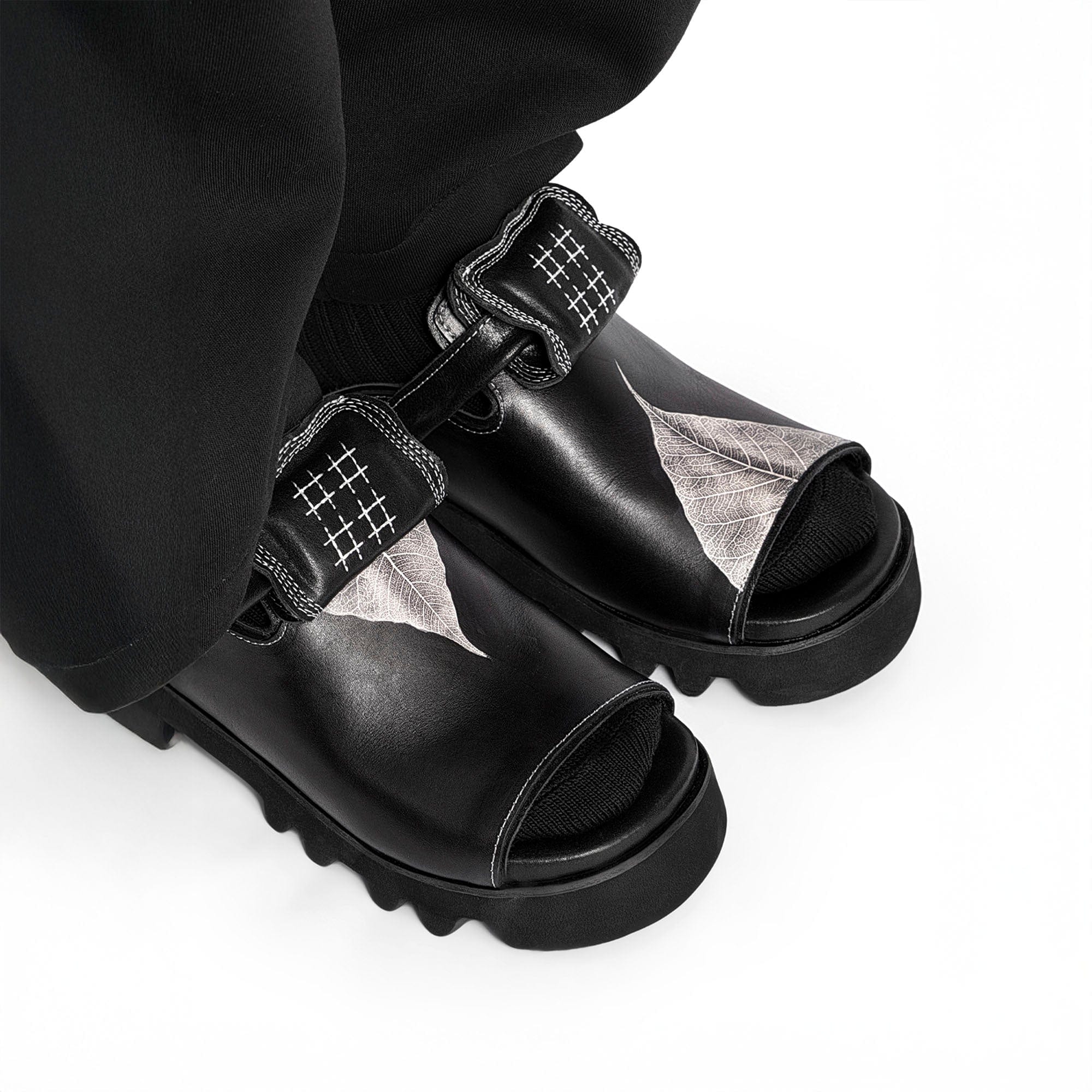 REWRITE Leaf Cowhide Sandals Black-Shoes-38.5-Free Shipping Leatheretro