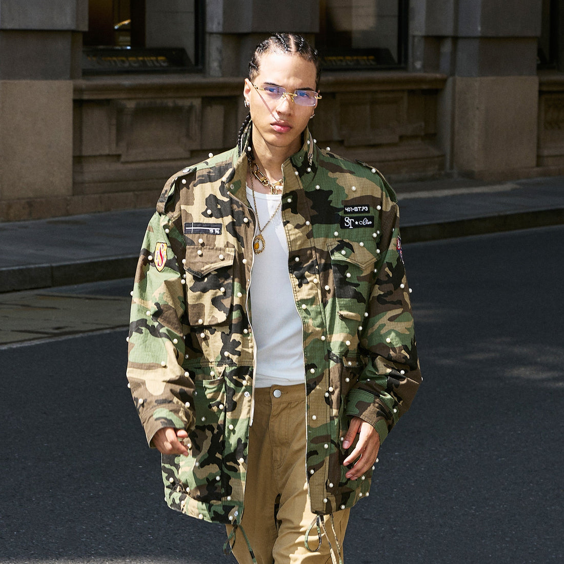 STEEPC Camo Pearl-Studded Patch Utility Jacket-Jacket-S (1)-Free Shipping Leatheretro