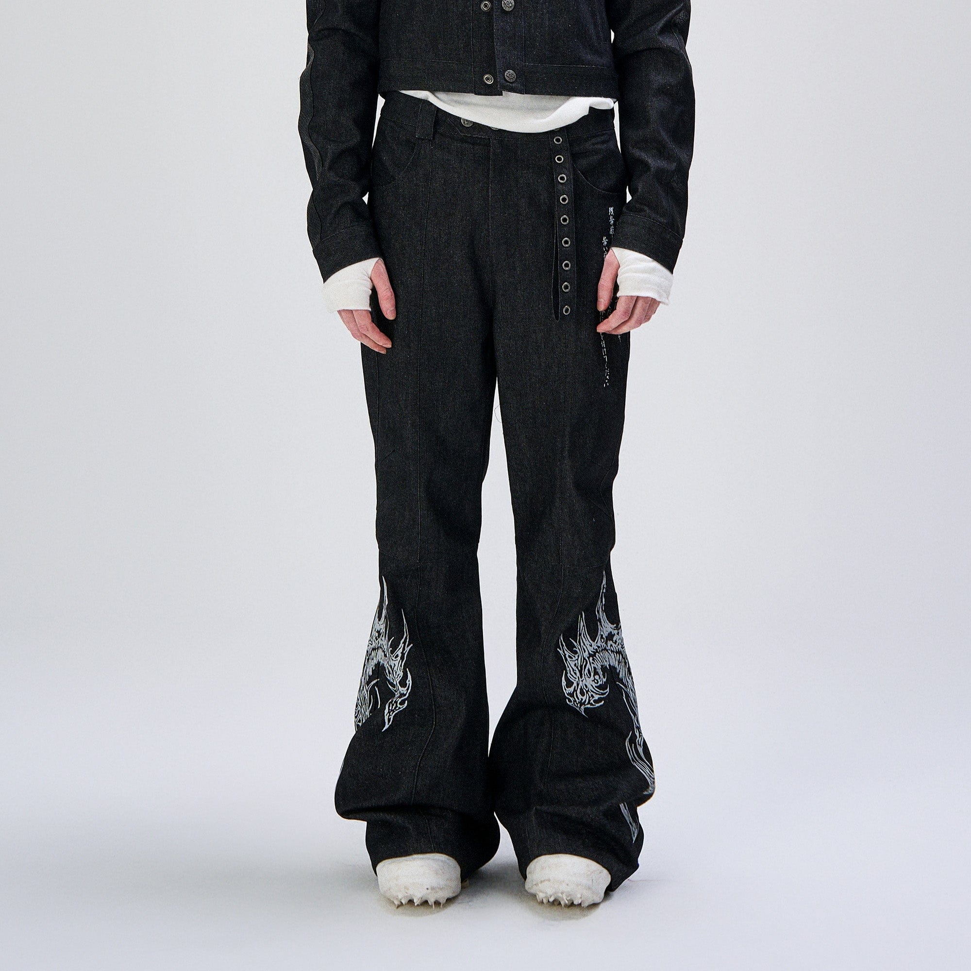 FLYERRER Abstract Graphic Flared Raw Jeans-Jeans-S (Preorder)-Free Shipping Leatheretro