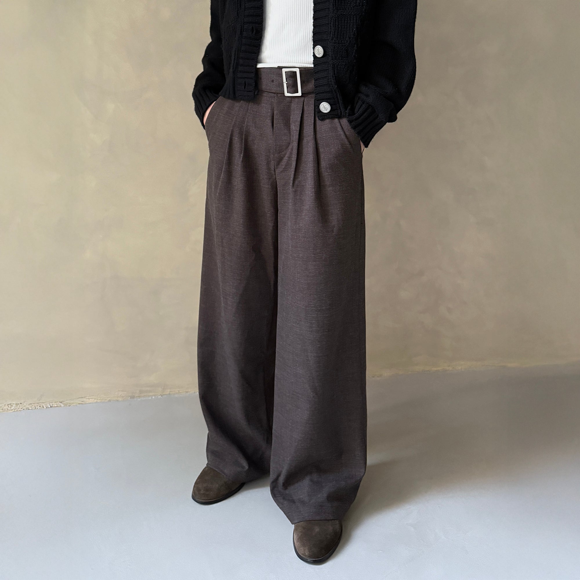 IN EXISTENCE Pleated Belted Wide-Leg Trousers-Pants-S-Light Gray-Free Shipping Leatheretro