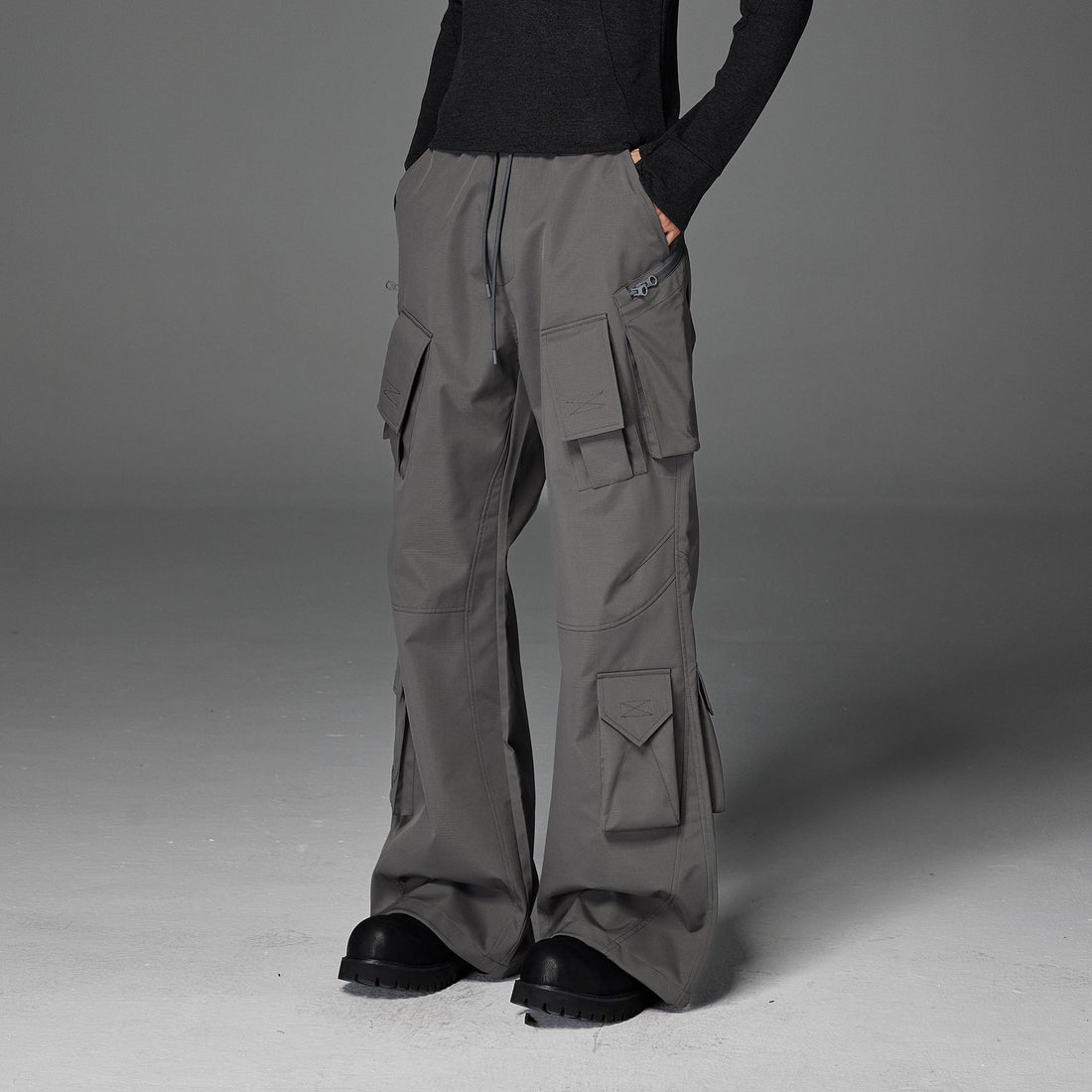 CATSSTAC Multi-Pocket Paneled Drawstring Cargo Pants-Pants-M (Preorder)-Black-Free Shipping Leatheretro