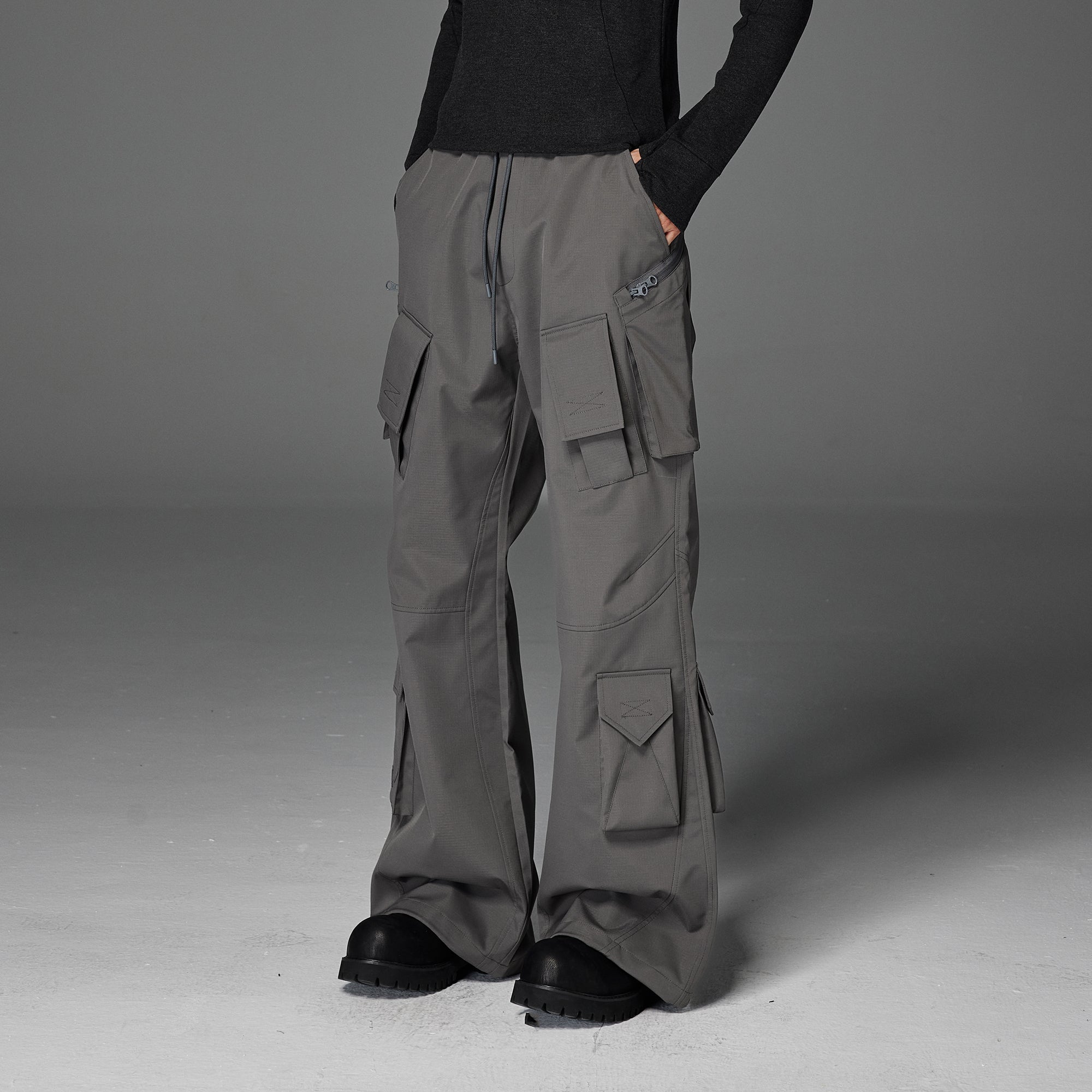 CATSSTAC Multi-Pocket Paneled Drawstring Cargo Pants-Pants-M (Preorder)-Gray-Free Shipping Leatheretro