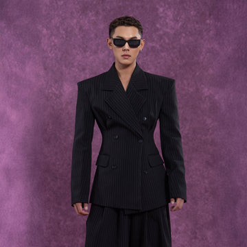 CLP Striped Cinched Waist Sculpted Blazer-Jacket-S-Free Shipping Leatheretro