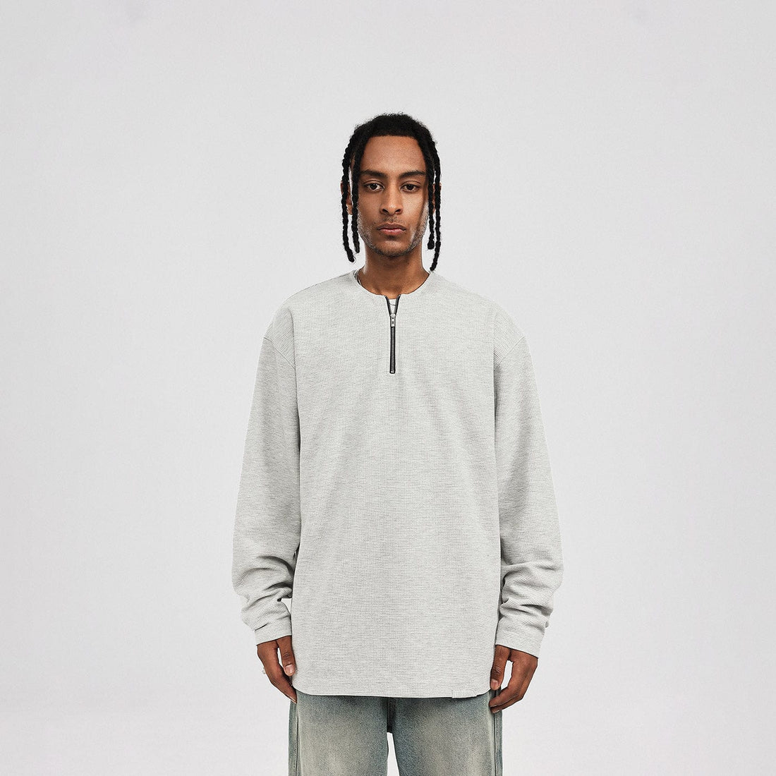 BONELESS Collarless Half-Zip Waffle L/S Tee-L/S Tee-S-Grey-Free Shipping Leatheretro