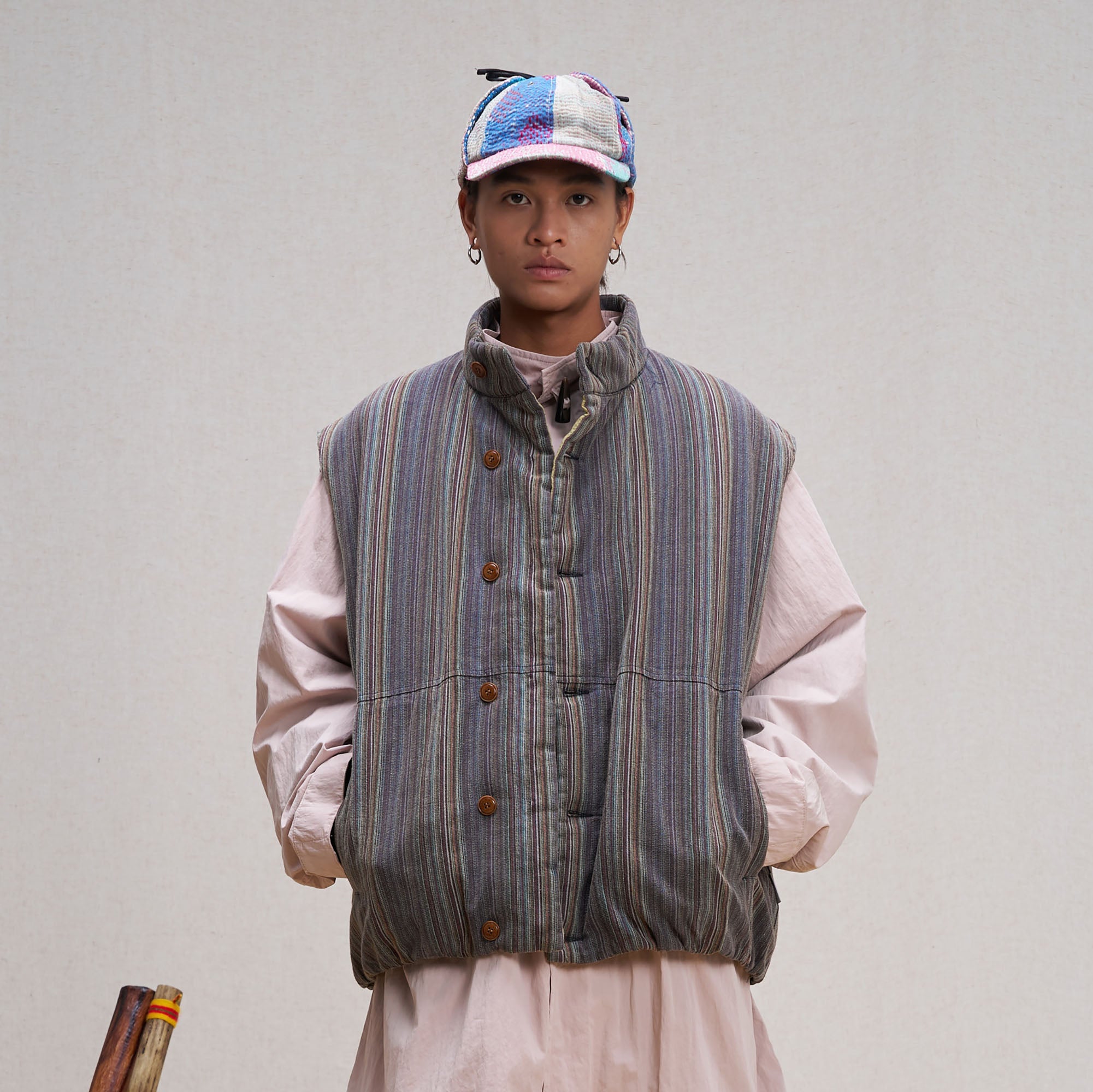 UNLIMITED MOTE Stripe Stand-Collar Padded Vest-Vest-S-Blue-Free Shipping Leatheretro