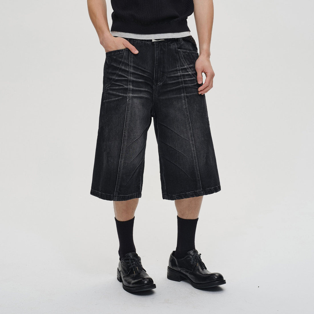 CATSSTAC Whisker-Wash Middle-Spliced Wide-Leg Shorts-Shorts-Blue-M-Free Shipping Leatheretro