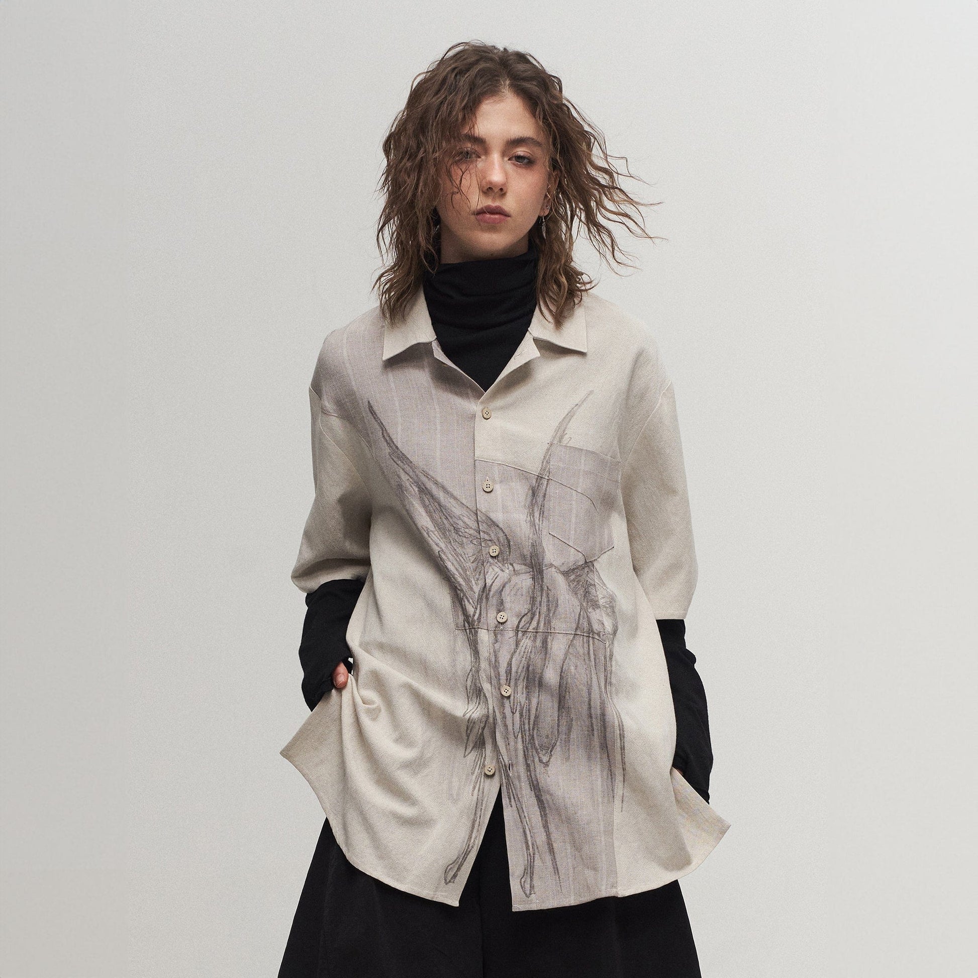 ILNya Nieternite Nifutur Winged Angel Sketch Spliced Half-Sleeve Shirt-Shirt-S(0)-Free Shipping Leatheretro