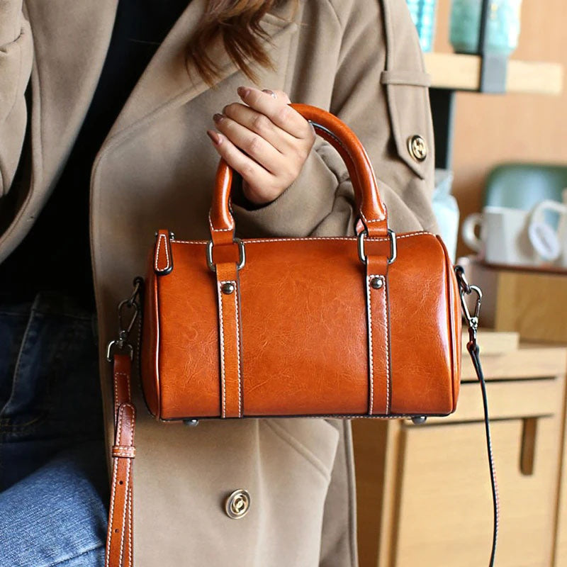 Cortex Lady Casual Zip Crossbody Bag - Top Grain Leather Cylinder Bag-Crossbody Bag-Black-Free Shipping Leatheretro