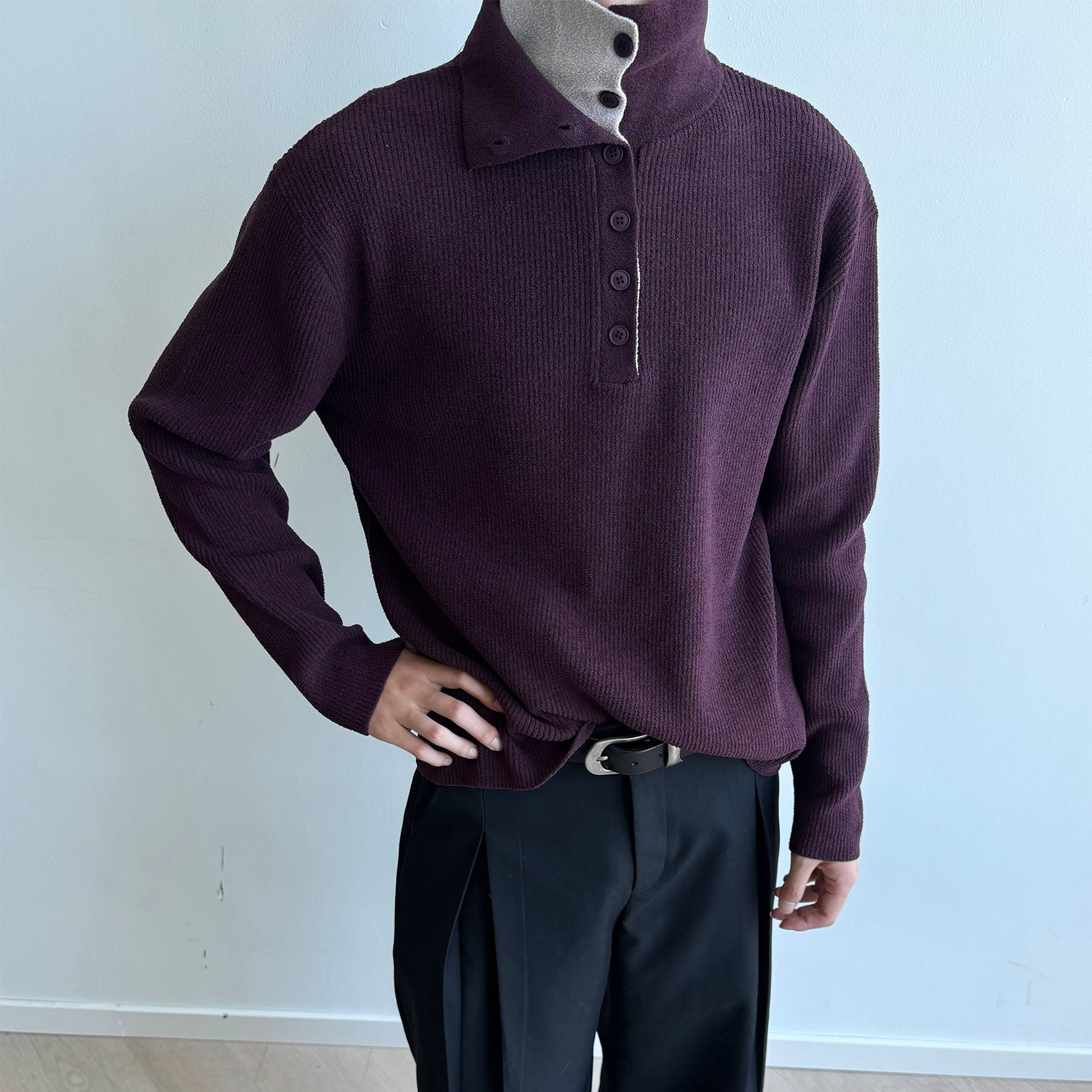 KREATE Contrast Layered Collar Ribbed Sweater-Sweater-S-Red-Free Shipping Leatheretro