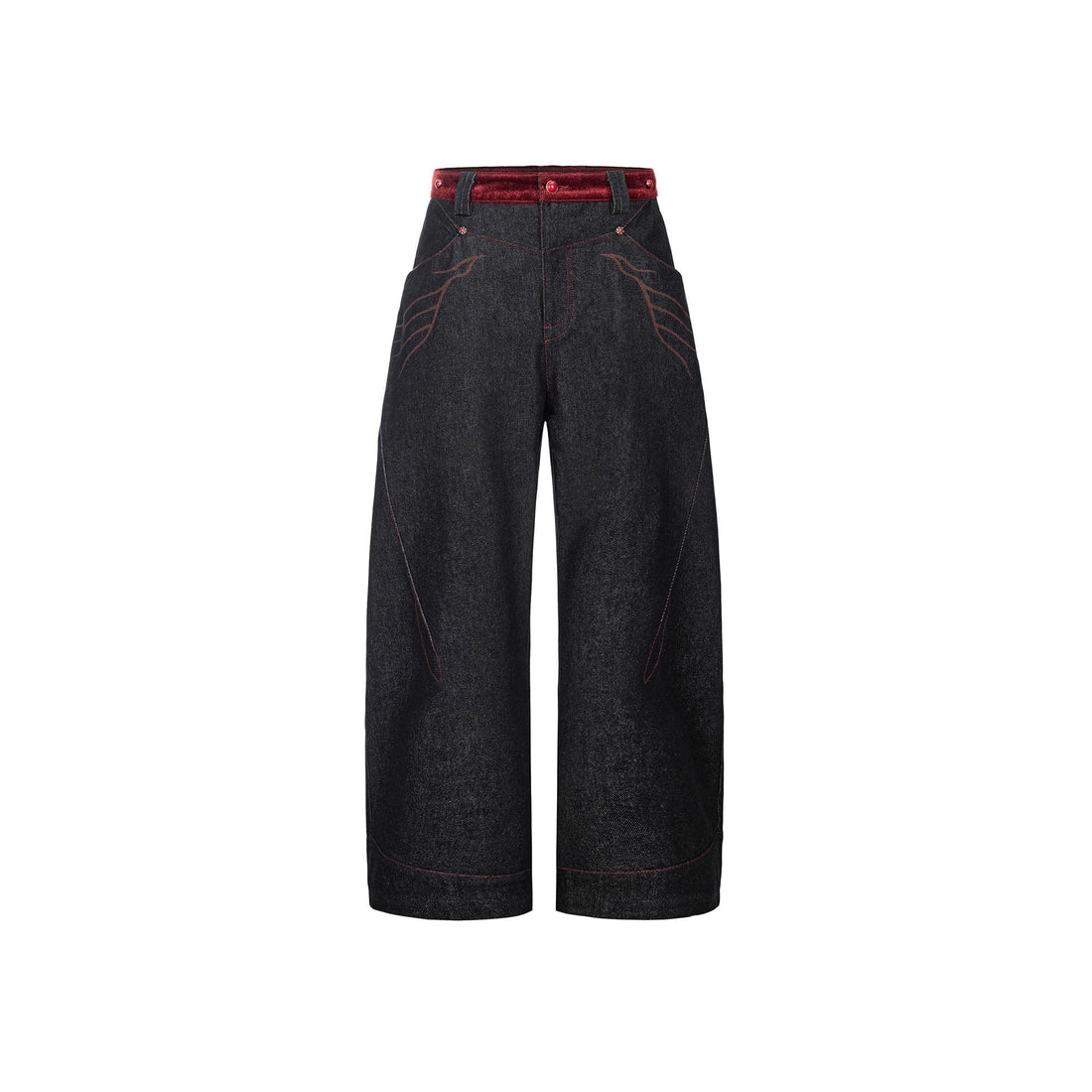 ESAIAS Vermilion Stitch Red Turquoise Curved Denim Pants-Jeans-XS-Free Shipping Leatheretro