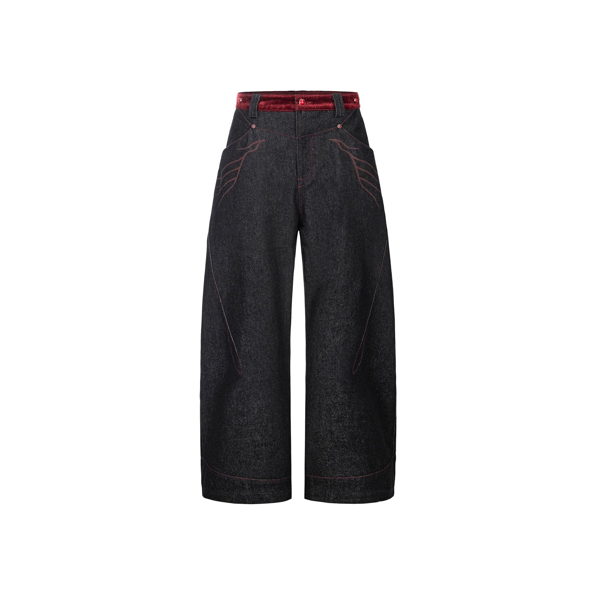 ESAIAS Vermilion Stitch Red Turquoise Curved Denim Pants-Jeans-XS-Free Shipping Leatheretro