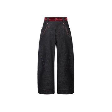 ESAIAS Vermilion Stitch Red Turquoise Curved Denim Pants-Jeans-XS-Free Shipping Leatheretro