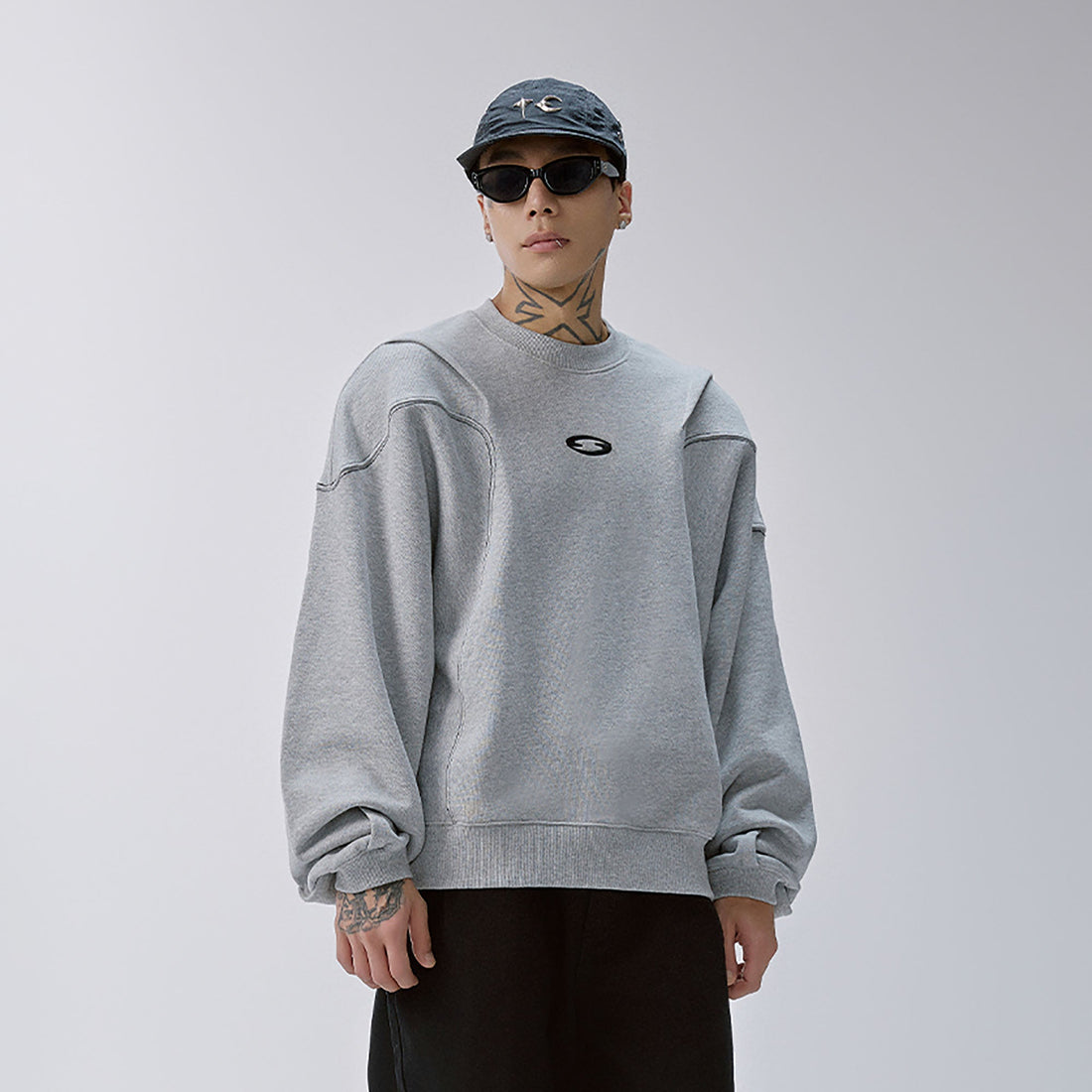 F2CE Pleated Panel Logo Embroidery Sweatshirt-Sweatshirt-S-Free Shipping Leatheretro