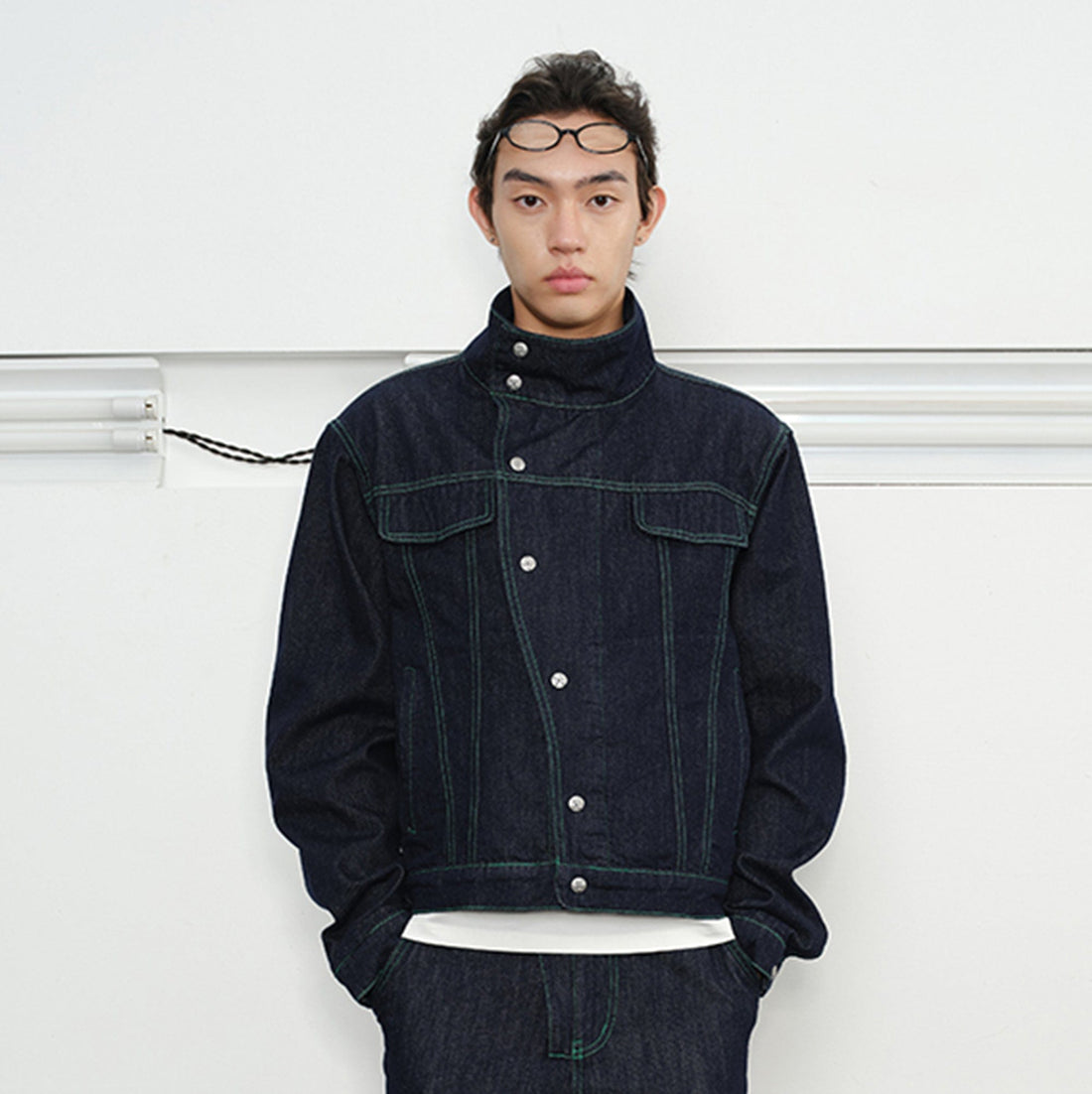 KREATE Asymmetrical Stand Collar Snap Jacket-Jacket-S-Blue-Free Shipping Leatheretro