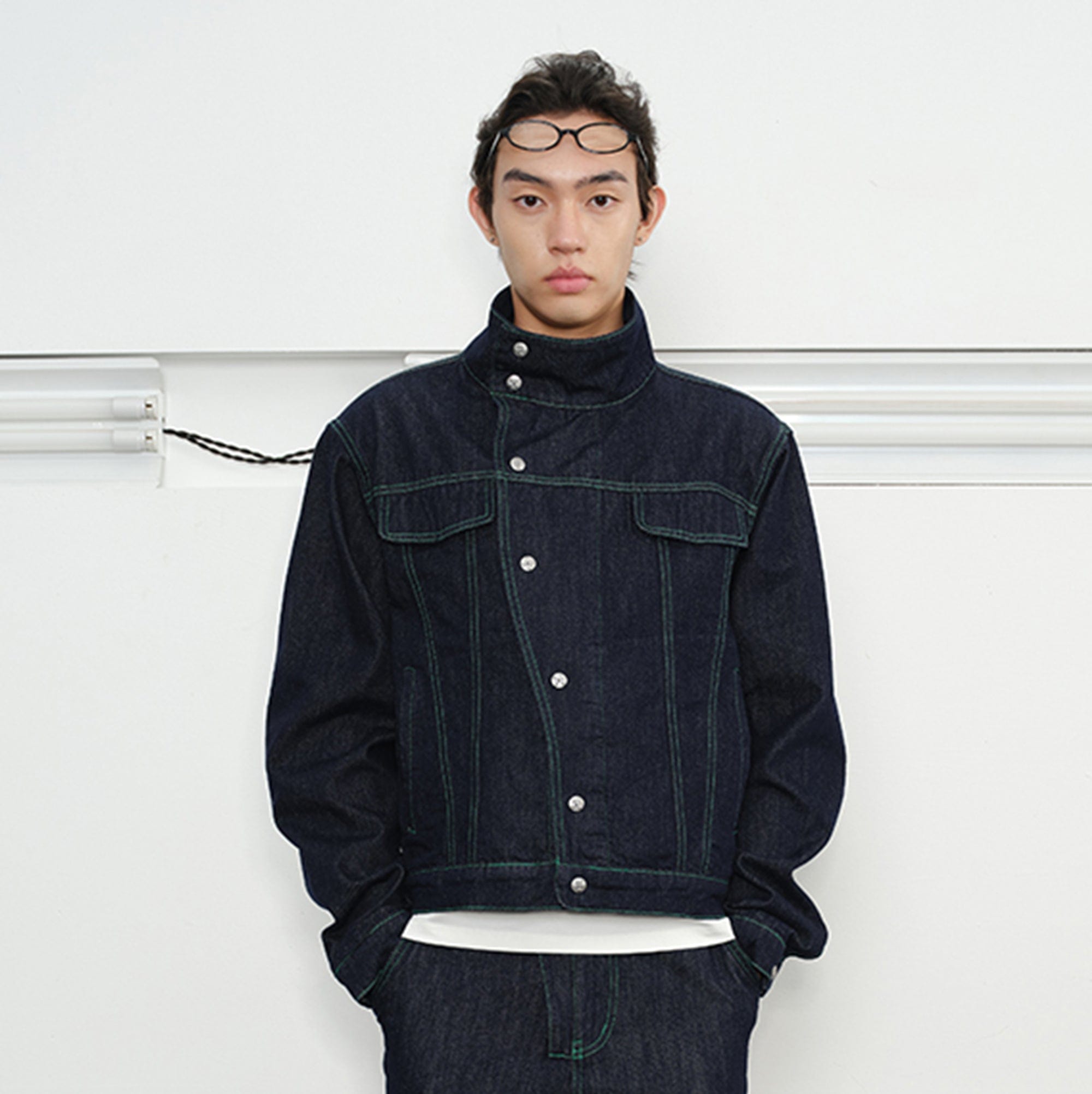 KREATE Asymmetrical Stand Collar Snap Jacket-Jacket-S-Blue-Free Shipping Leatheretro