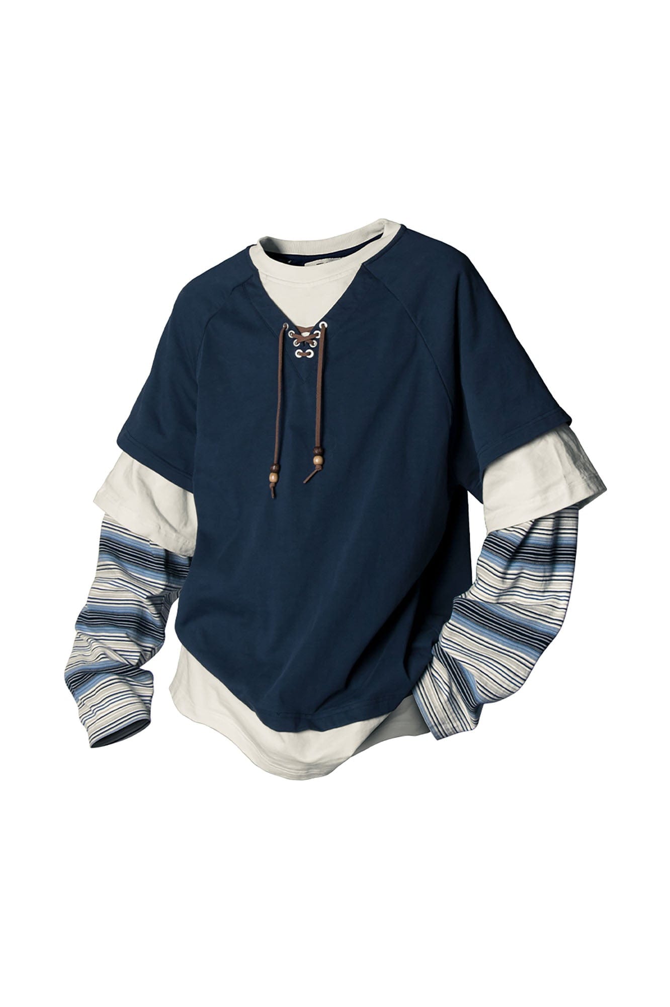 RELABEL Layered Stripe-Sleeve Lace-Up Sweatshirt Blue-Sweatshirt-XS-Free Shipping Leatheretro