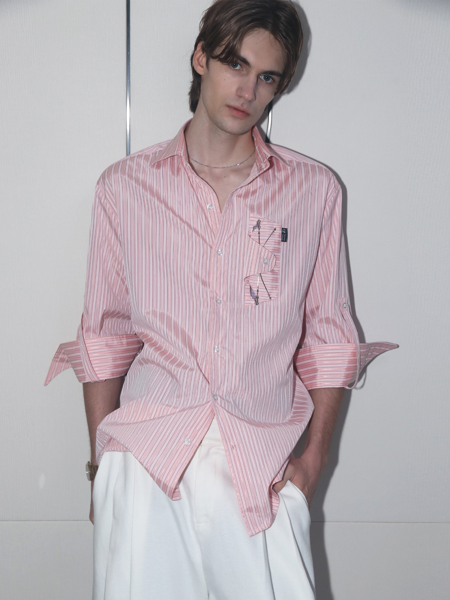 ASSEEN Striped Glasses Pocket Half Shirt Pink-Half shirt-S-Free Shipping Leatheretro