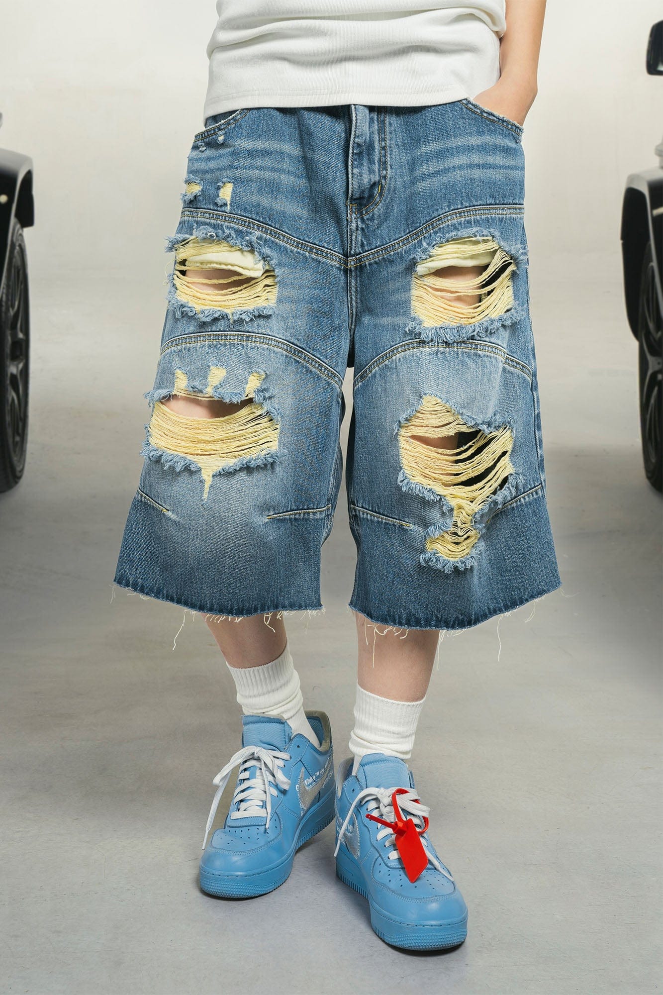 MAKEMORE Distressed Arc Spliced Ripped Denim Shorts-Shorts-S-Free Shipping Leatheretro