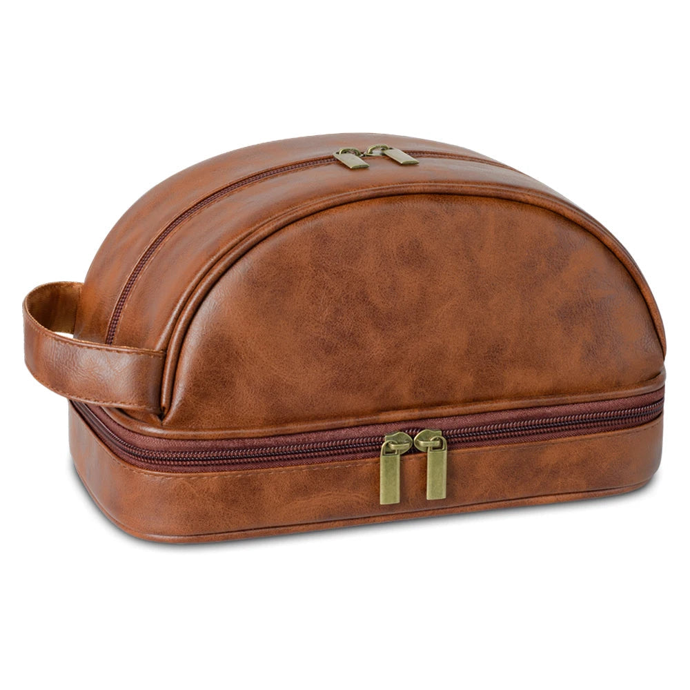 Men's Leather Waterproof Toiletry Bag - Large Capacity Storage Cosmetic Case-Travel Pouch-Red Brown-Free Shipping Leatheretro
