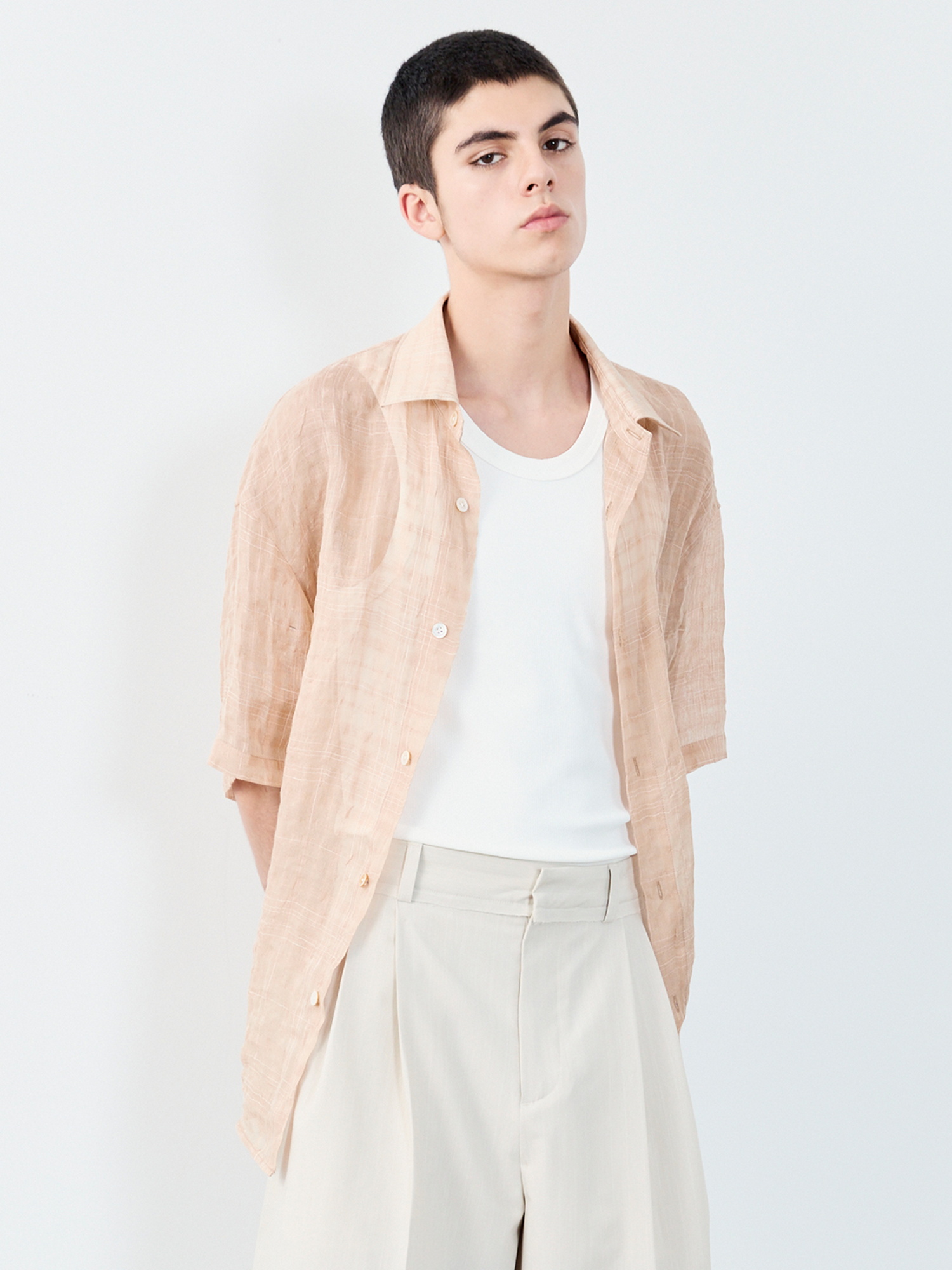 GRAINMUSTARD Linen-Cotton Plaid Half Shirt-Half shirt-XS-Green (S M for preorder)-Free Shipping Leatheretro