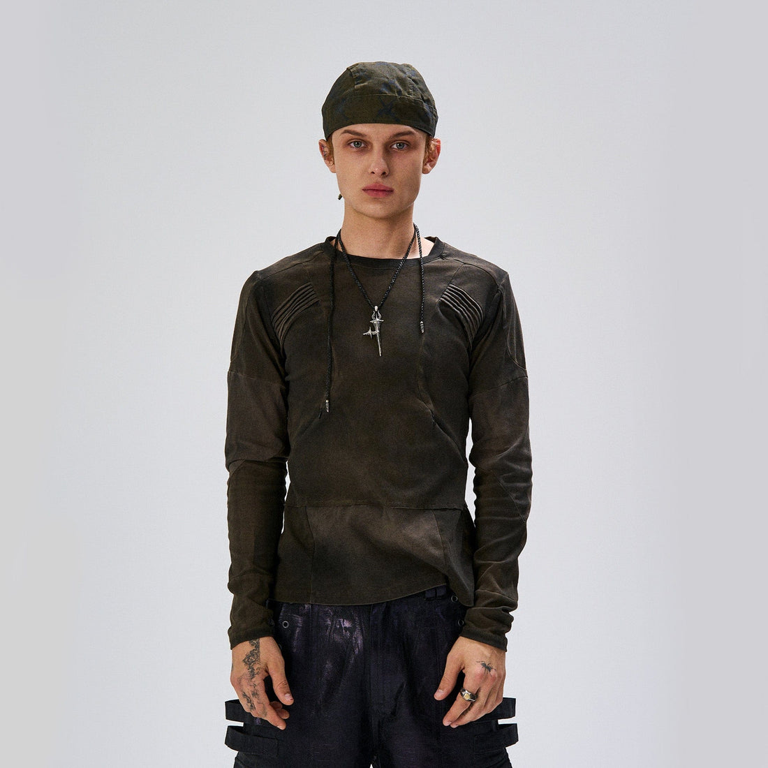 FLYERRER Washed Panelled Slim-Fit Long-Sleeve Tee-L/S Tee-S-Free Shipping Leatheretro