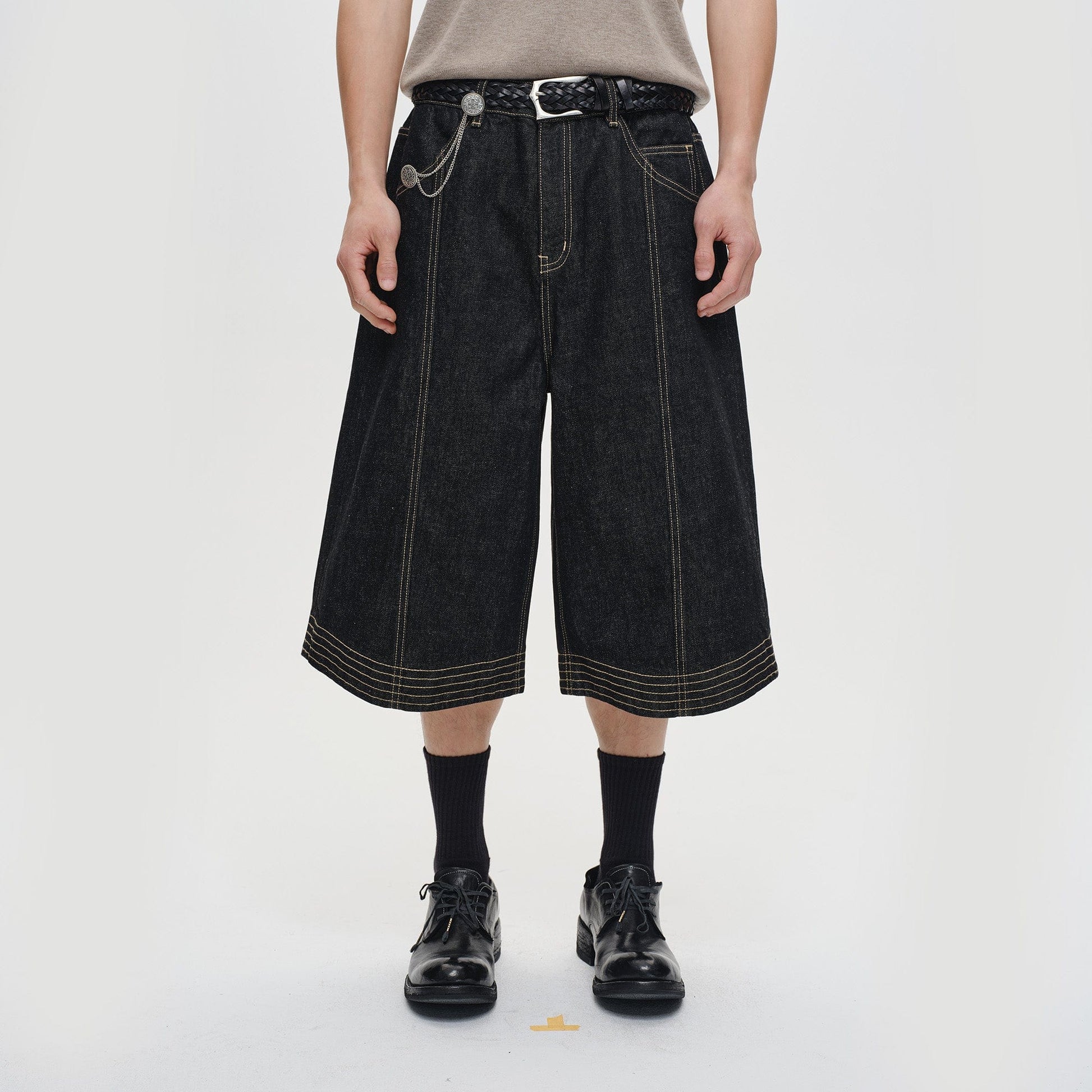 CATSSTAC Contrast Stitch Middle Spliced Raw Denim Jeans-Shorts-M-Free Shipping Leatheretro